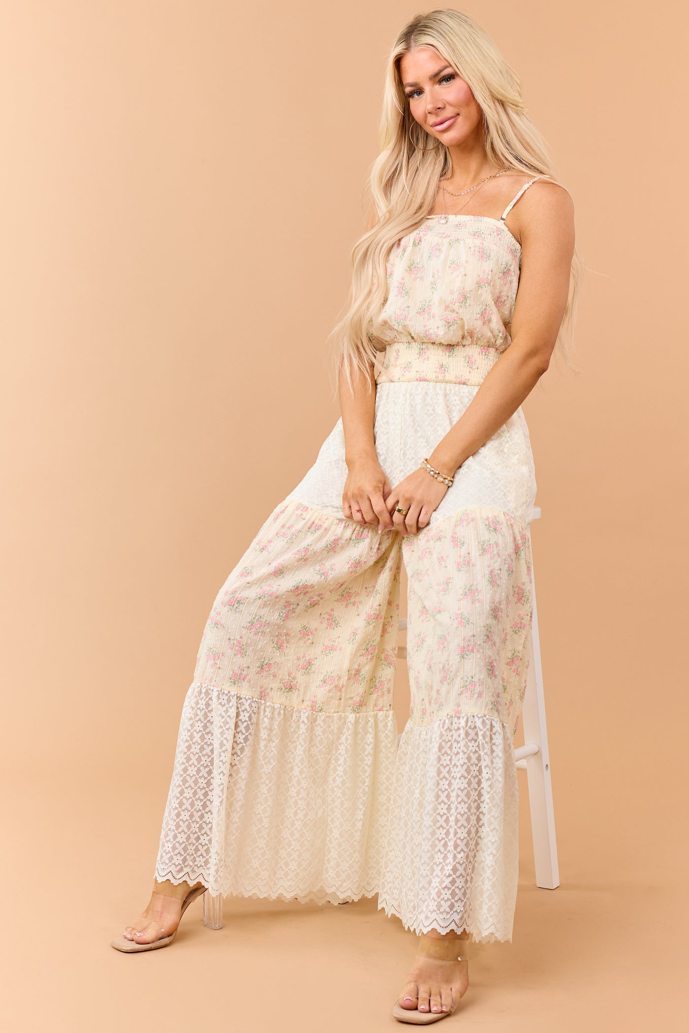 Cream Floral Print Cotton and Lace Panel Jumpsuit