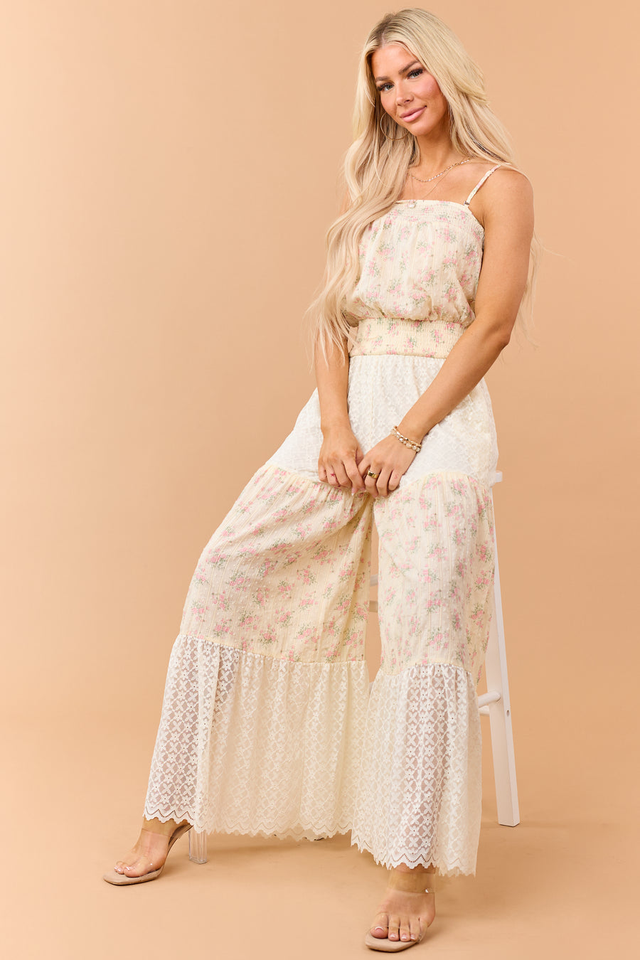 Cream Floral Print Cotton and Lace Panel Jumpsuit