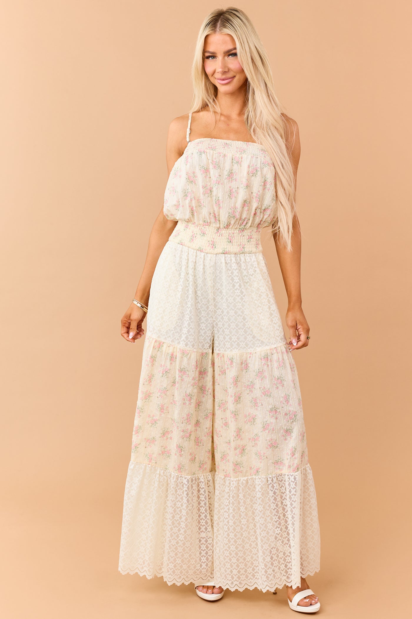 Cream Floral Print Cotton and Lace Panel Jumpsuit