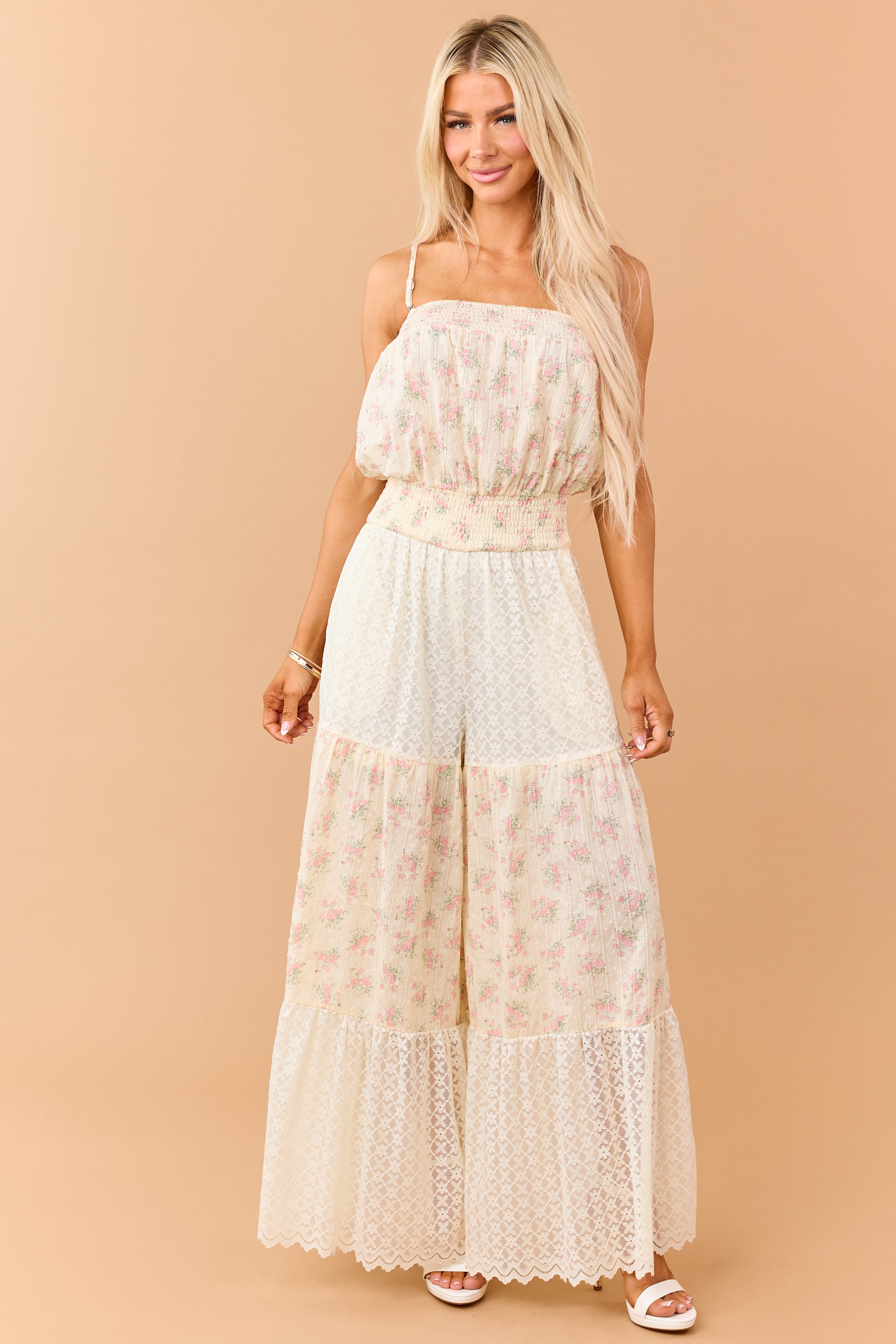 Cream Floral Print Cotton and Lace Panel Jumpsuit