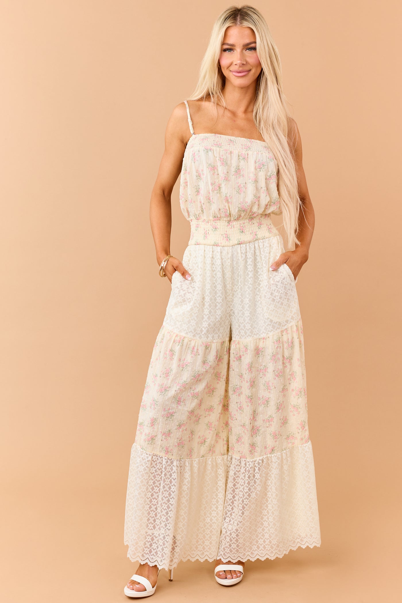 Cream Floral Print Cotton and Lace Panel Jumpsuit