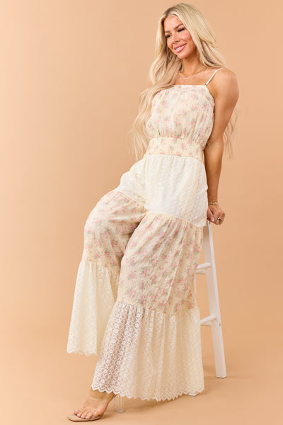 Cream Floral Print Cotton and Lace Panel Jumpsuit