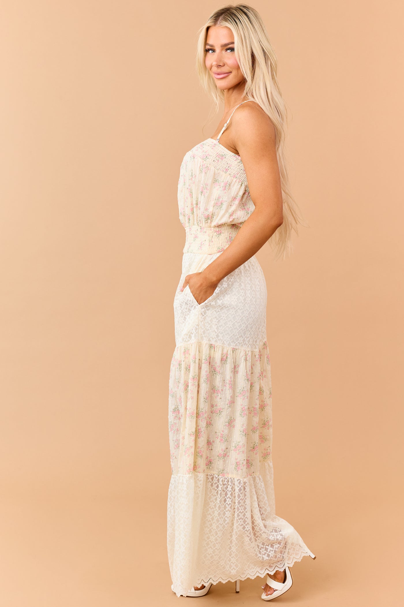 Cream Floral Print Cotton and Lace Panel Jumpsuit