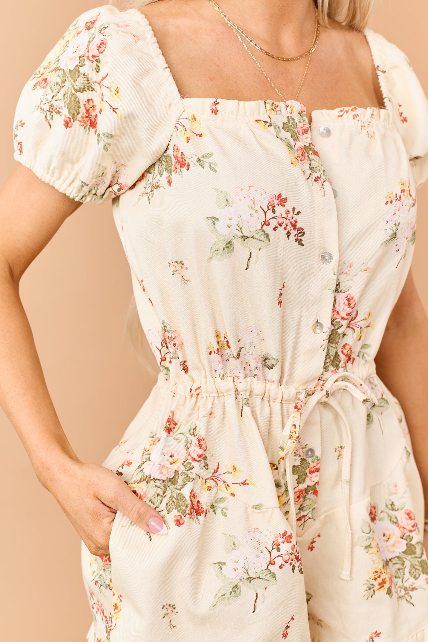 Cream Floral Print Denim Ruffle Trim Romper