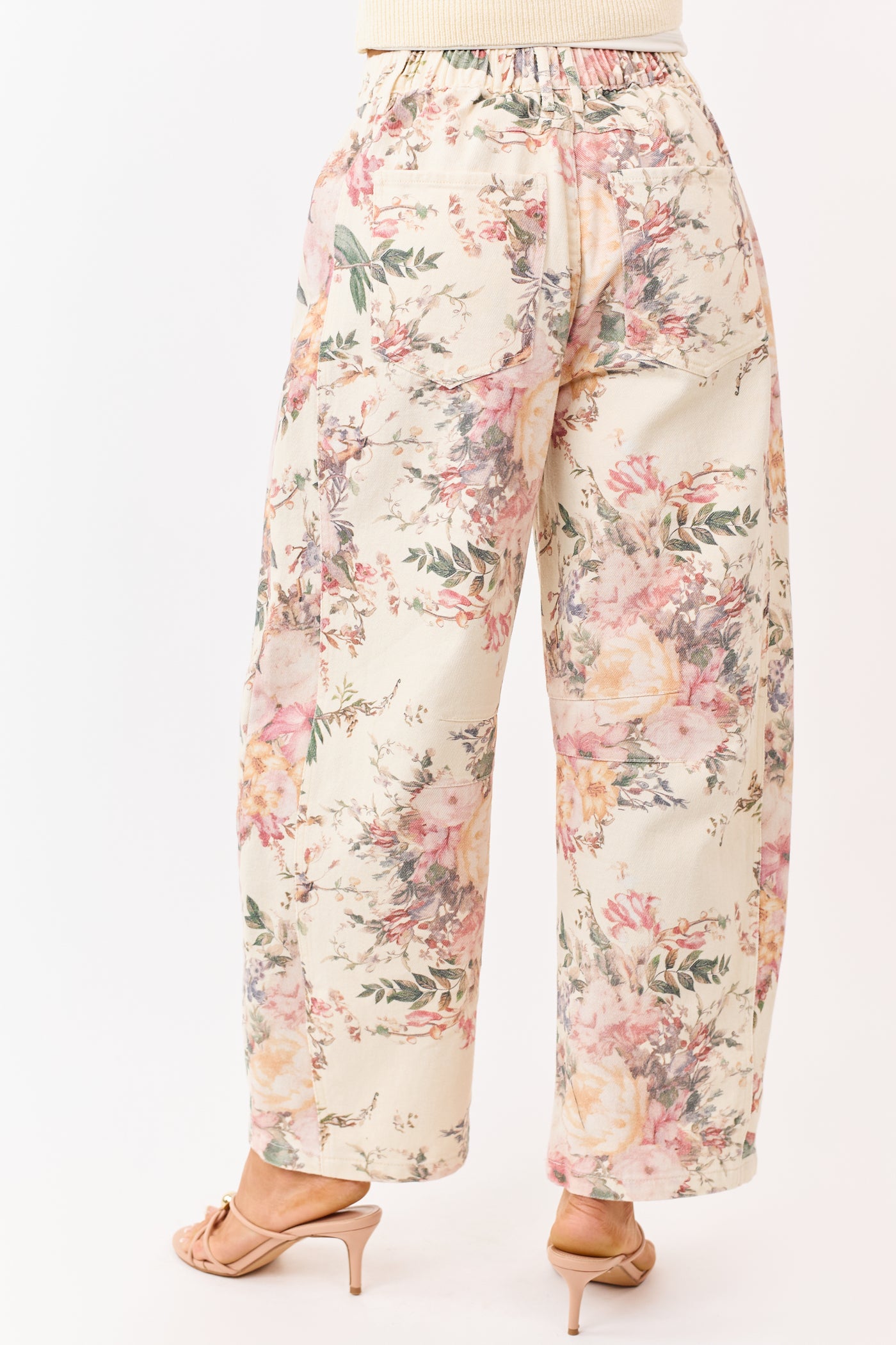Cream Floral Print Elastic Waist Barrel Jeans