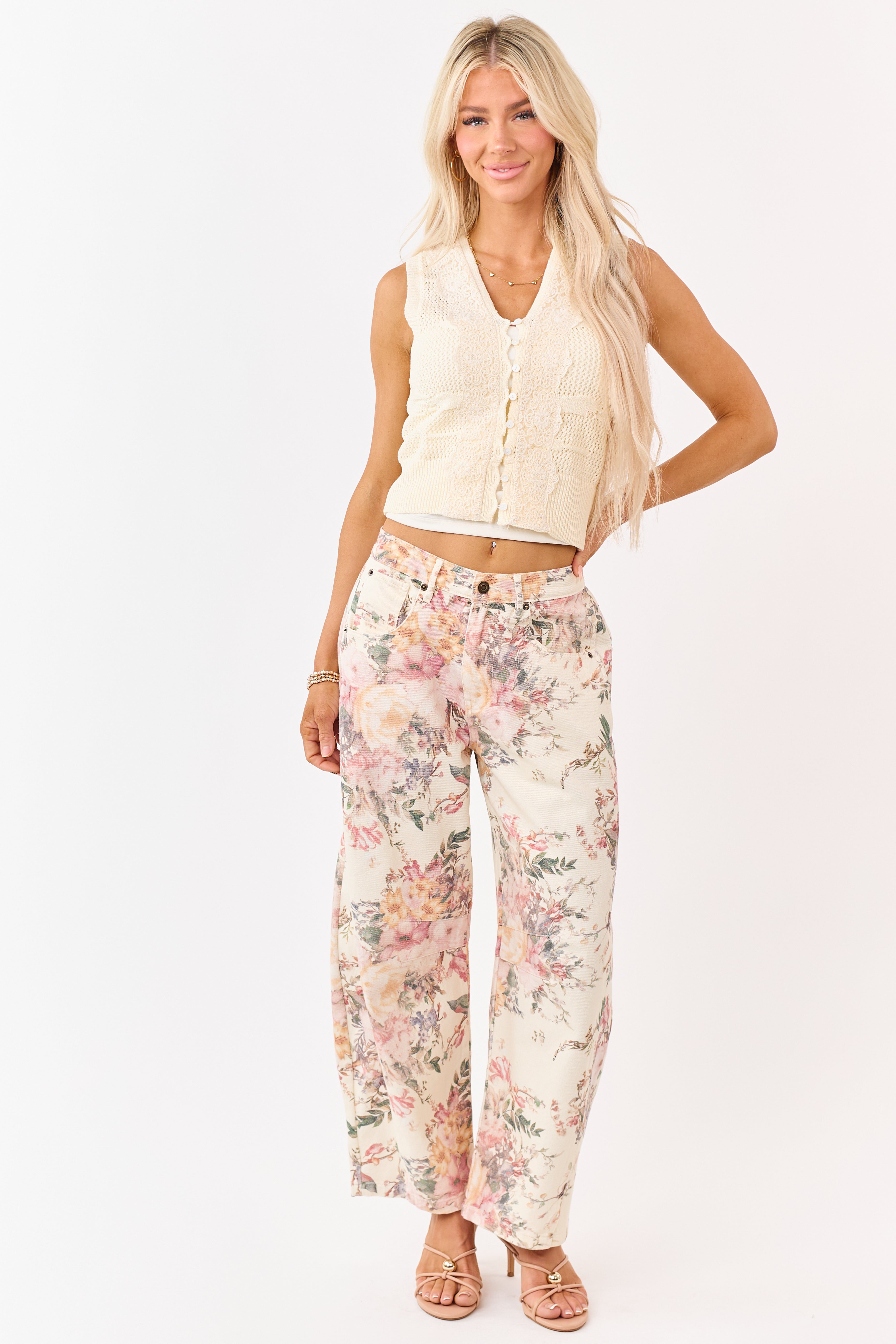 Cream Floral Print Elastic Waist Barrel Jeans