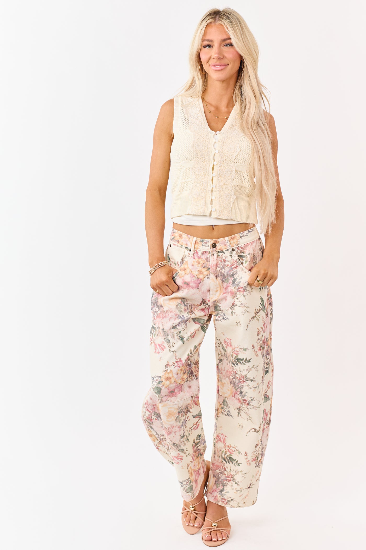 Cream Floral Print Elastic Waist Barrel Jeans