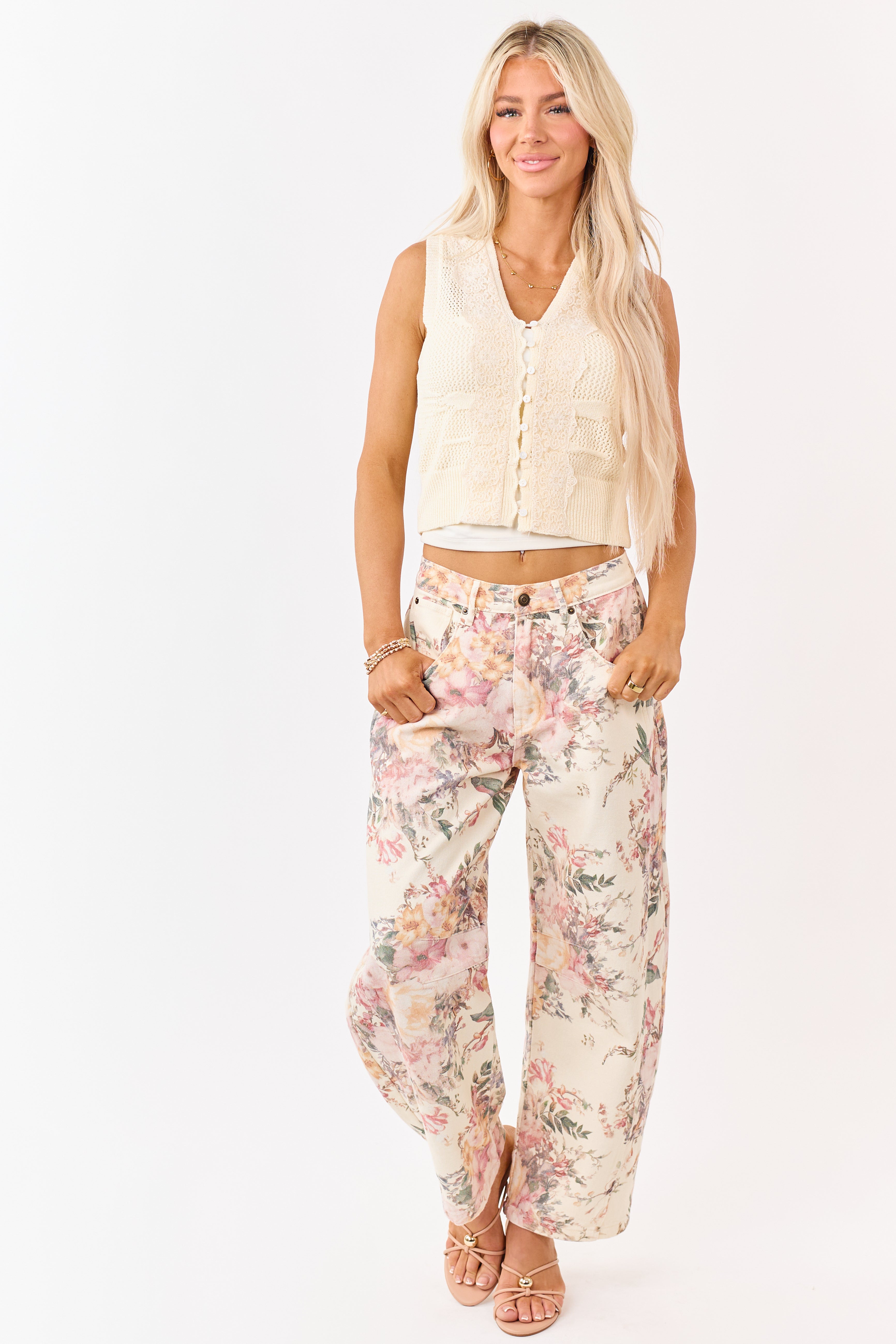 Cream Floral Print Elastic Waist Barrel Jeans