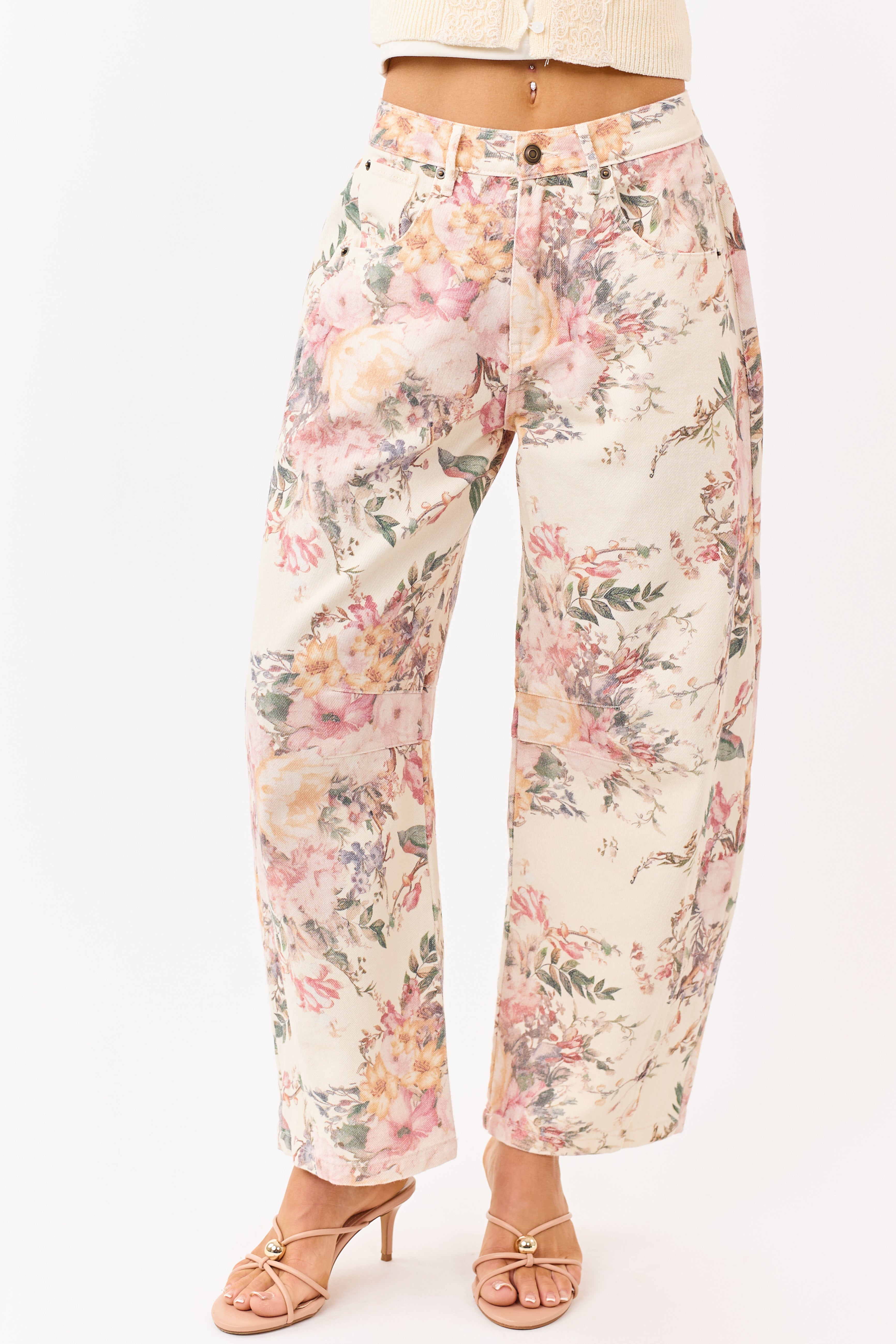 Cream Floral Print Elastic Waist Barrel Jeans