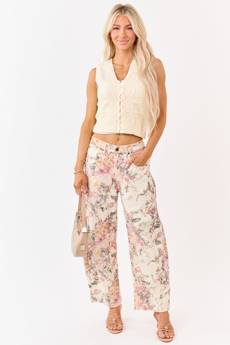 Cream Floral Print Elastic Waist Barrel Jeans