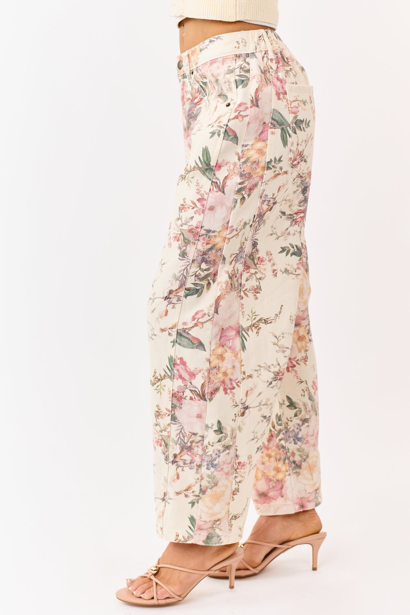 Cream Floral Print Elastic Waist Barrel Jeans