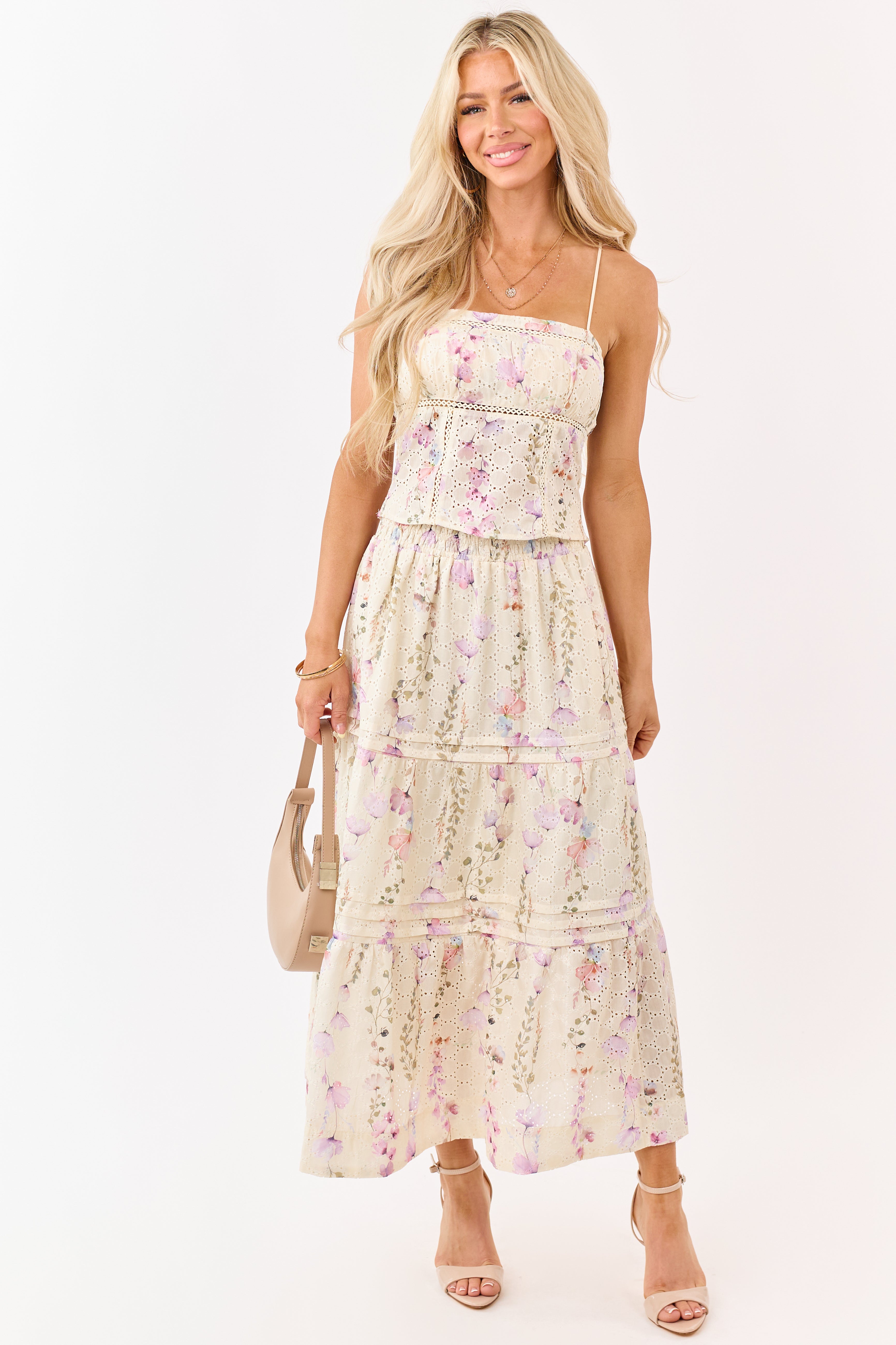 Cream Floral Print Eyelet Lace Cropped Tank Top