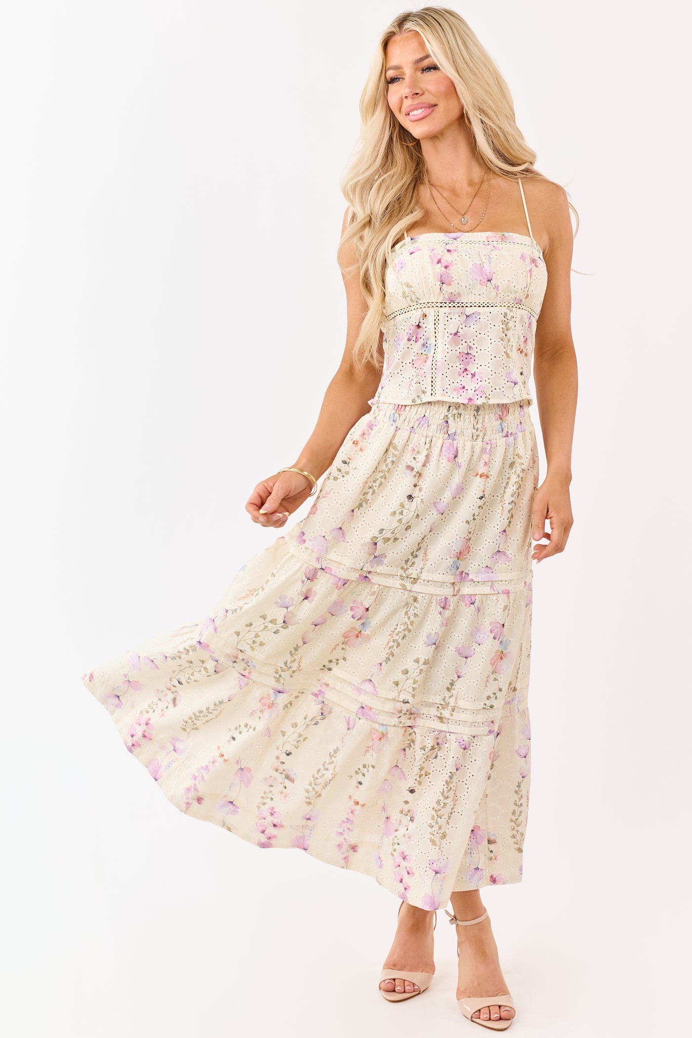 Cream Floral Print Eyelet Lace Cropped Tank Top