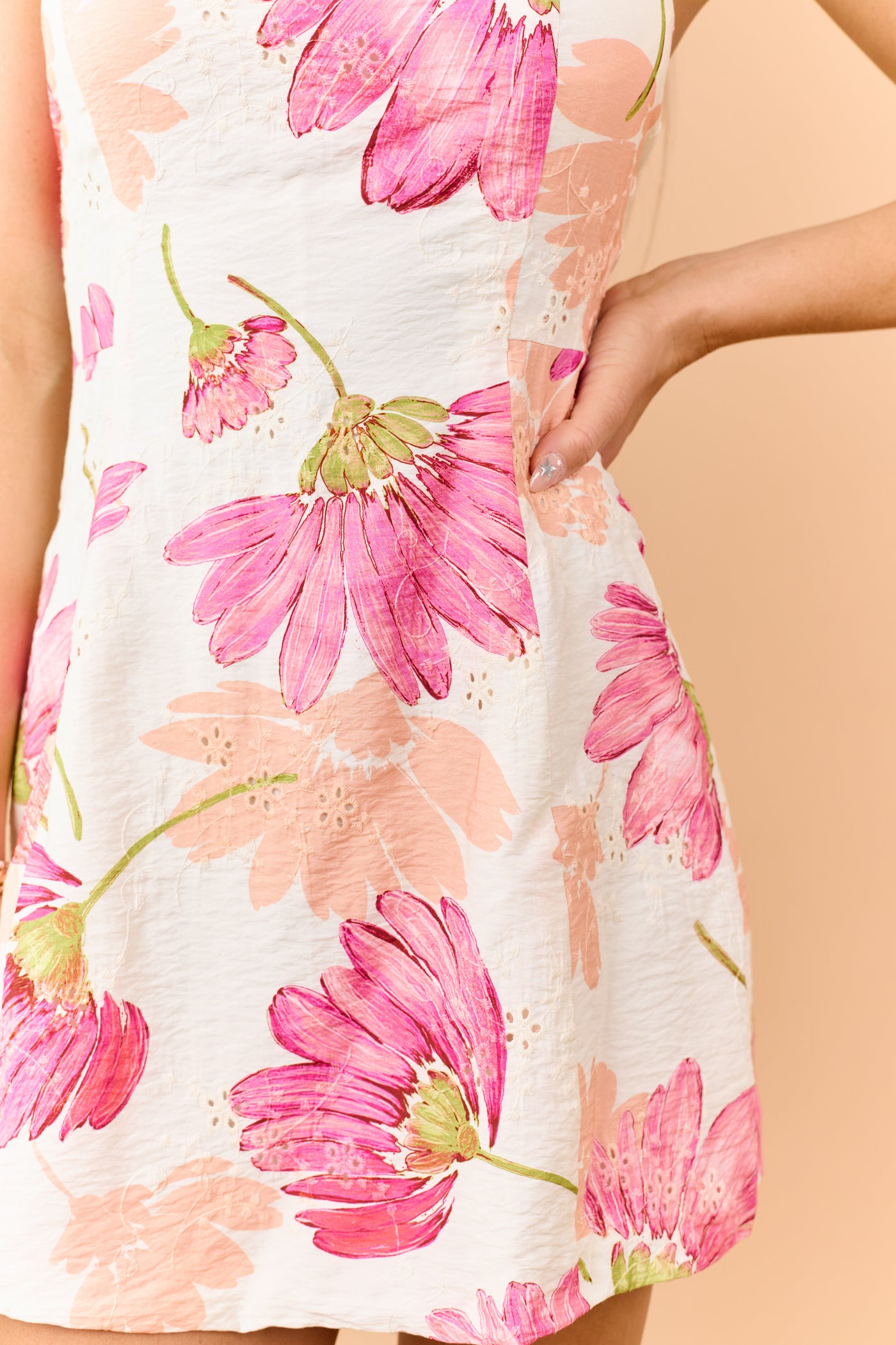 Cream Floral Print Eyelet Strapless Mini Dress