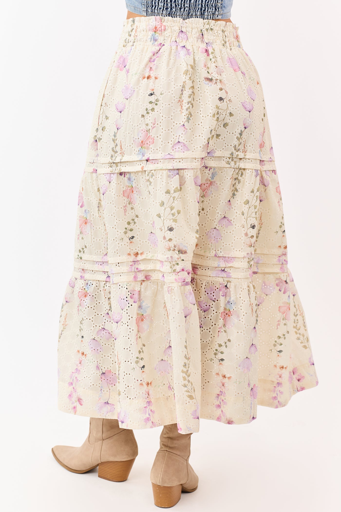 Cream Floral Print Eyelet Tiered Midi Skirt