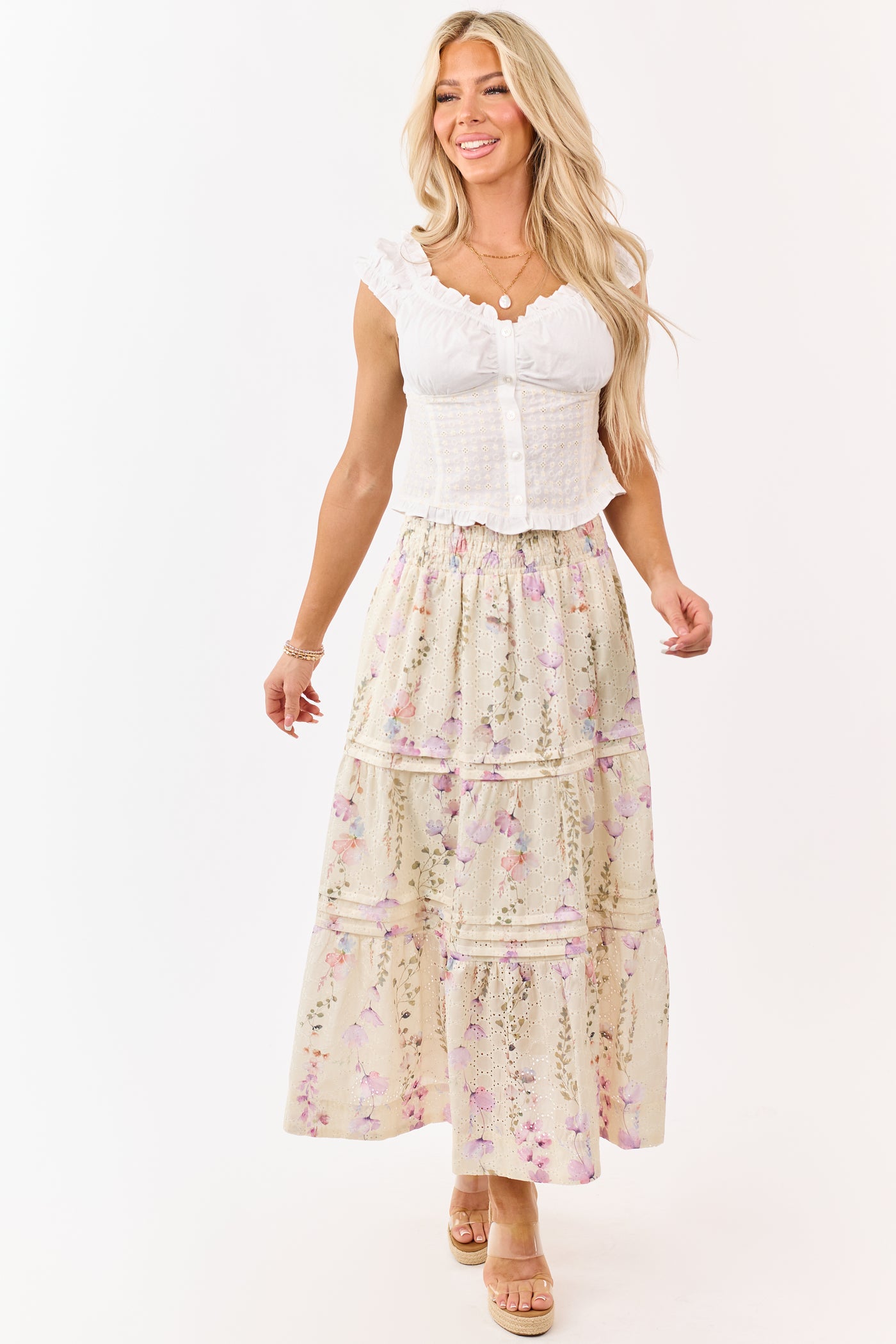 Cream Floral Print Eyelet Tiered Midi Skirt
