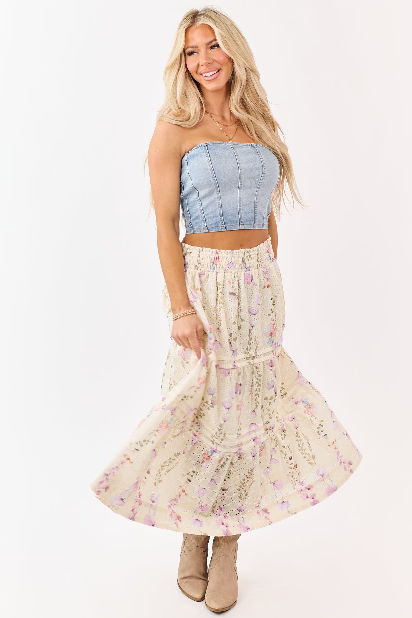 Cream Floral Print Eyelet Tiered Midi Skirt