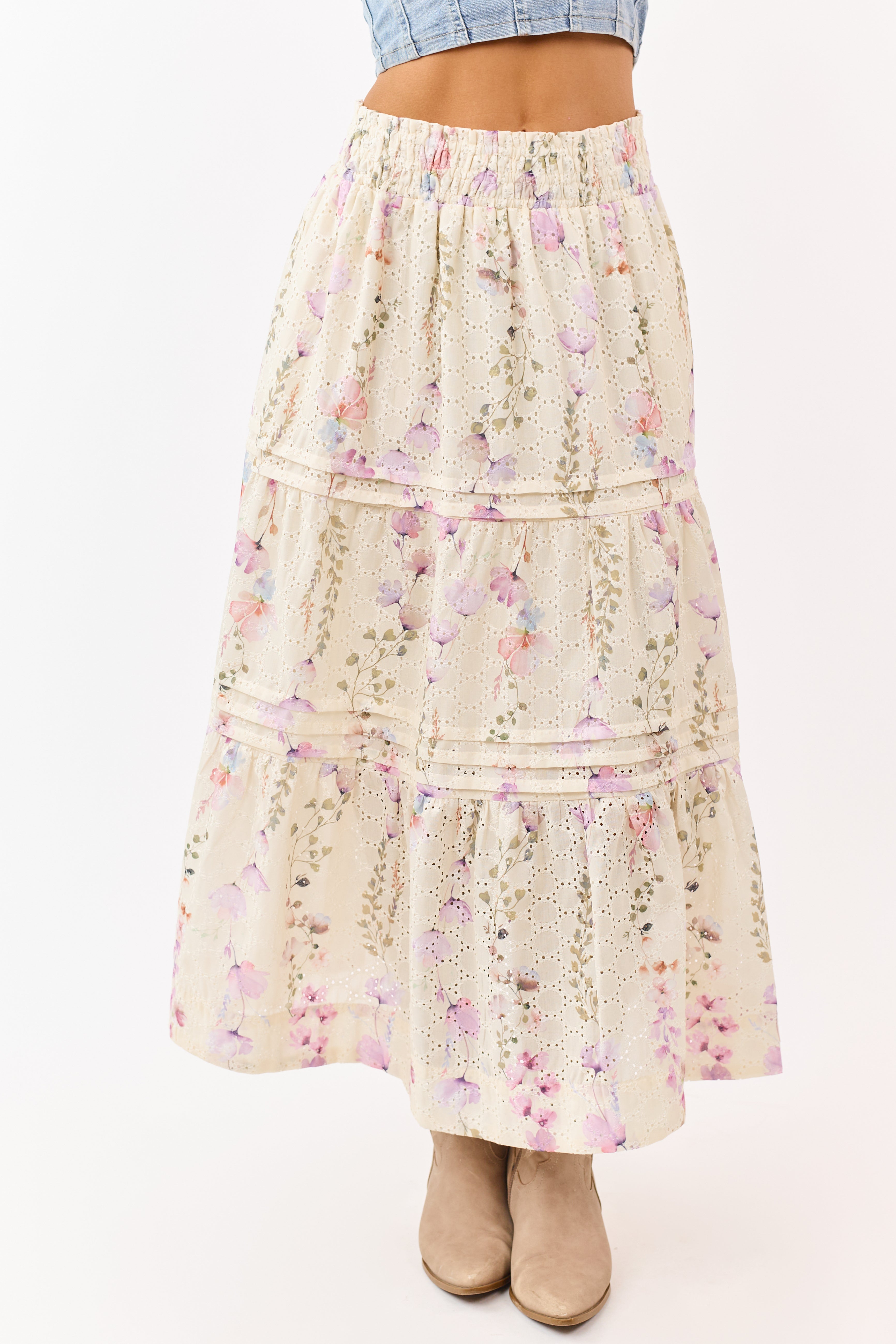 Cream Floral Print Eyelet Tiered Midi Skirt