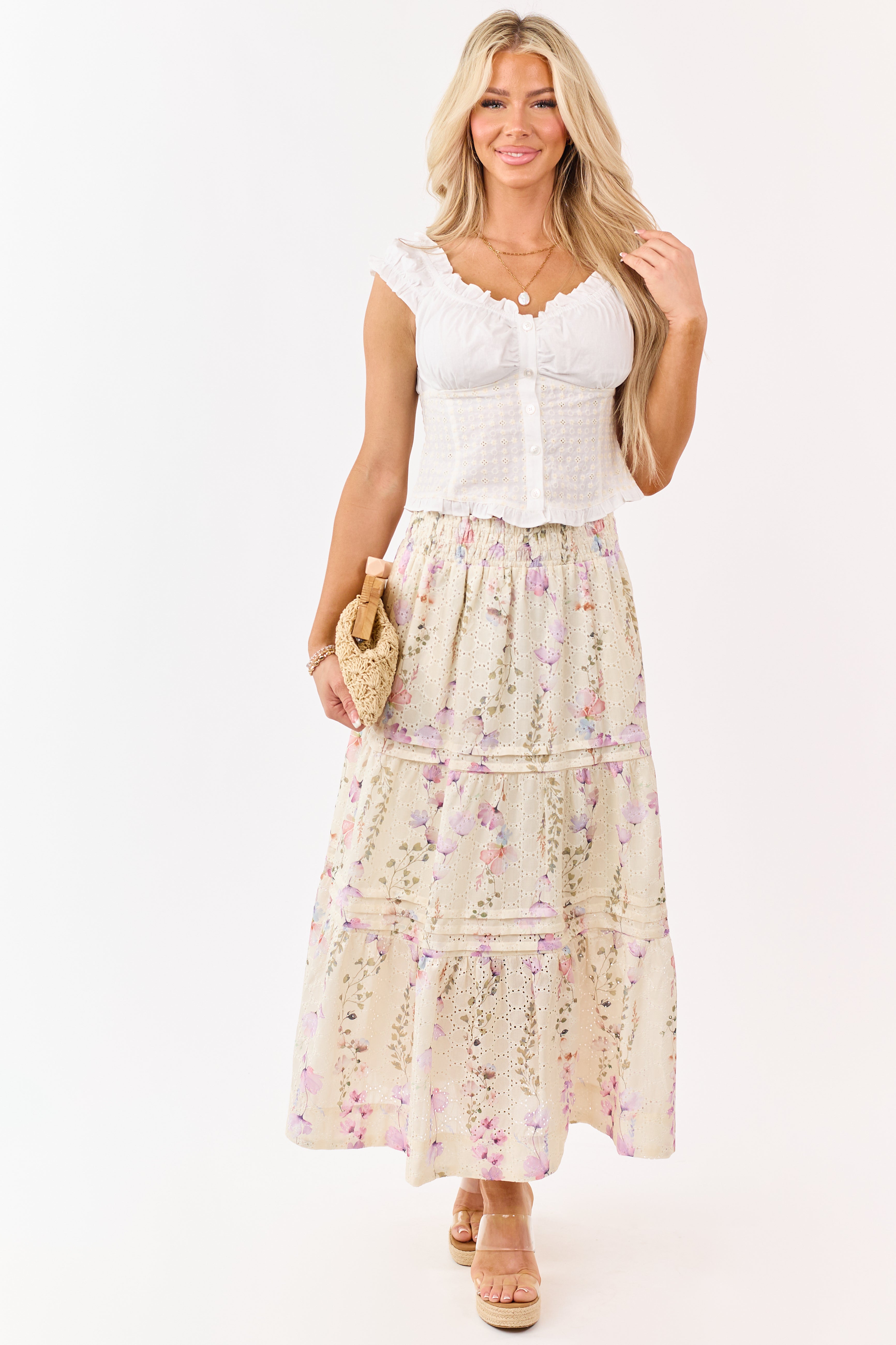 Cream Floral Print Eyelet Tiered Midi Skirt | Lime Lush Boutique
