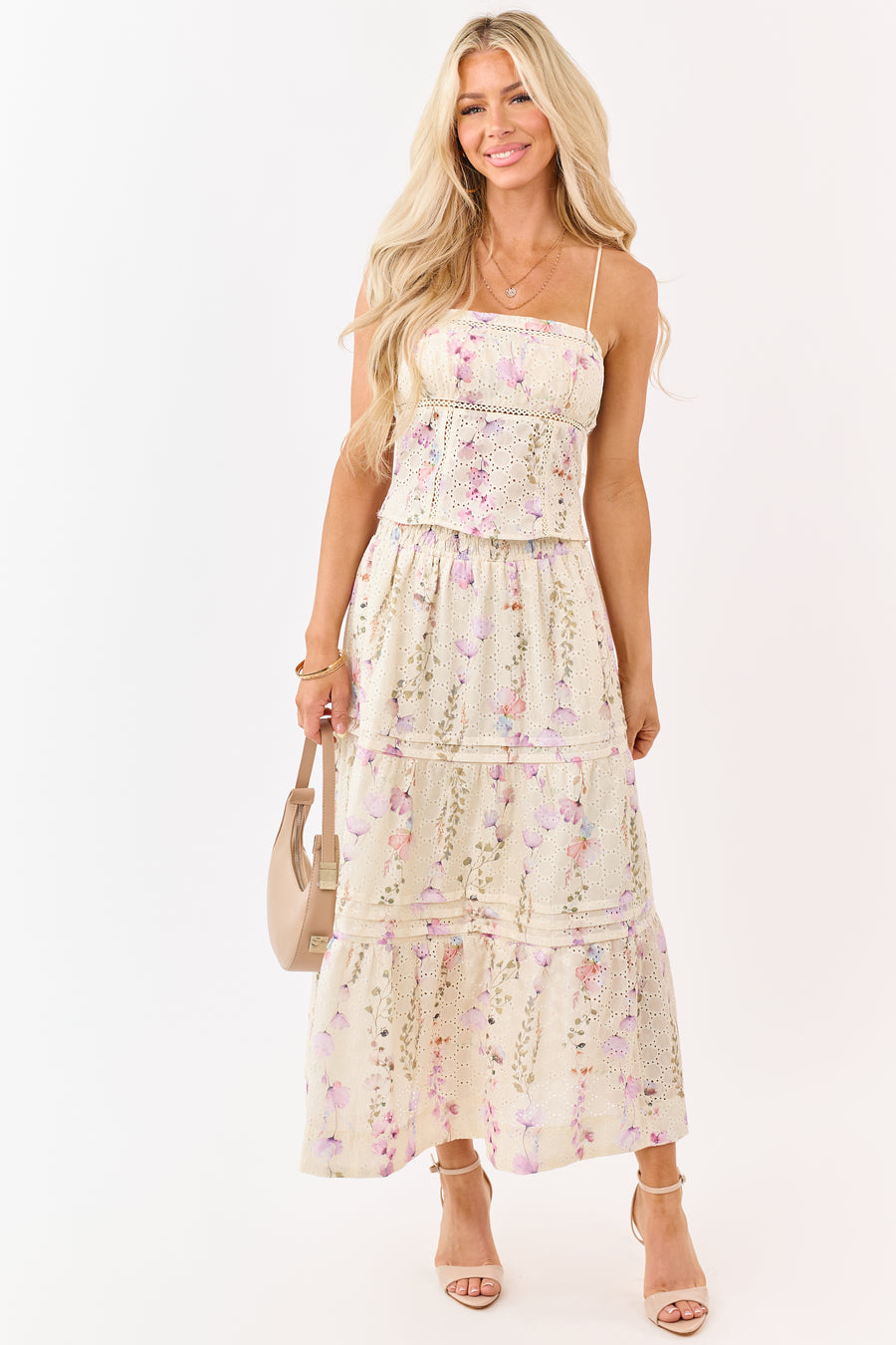 Cream Floral Print Eyelet Tiered Midi Skirt