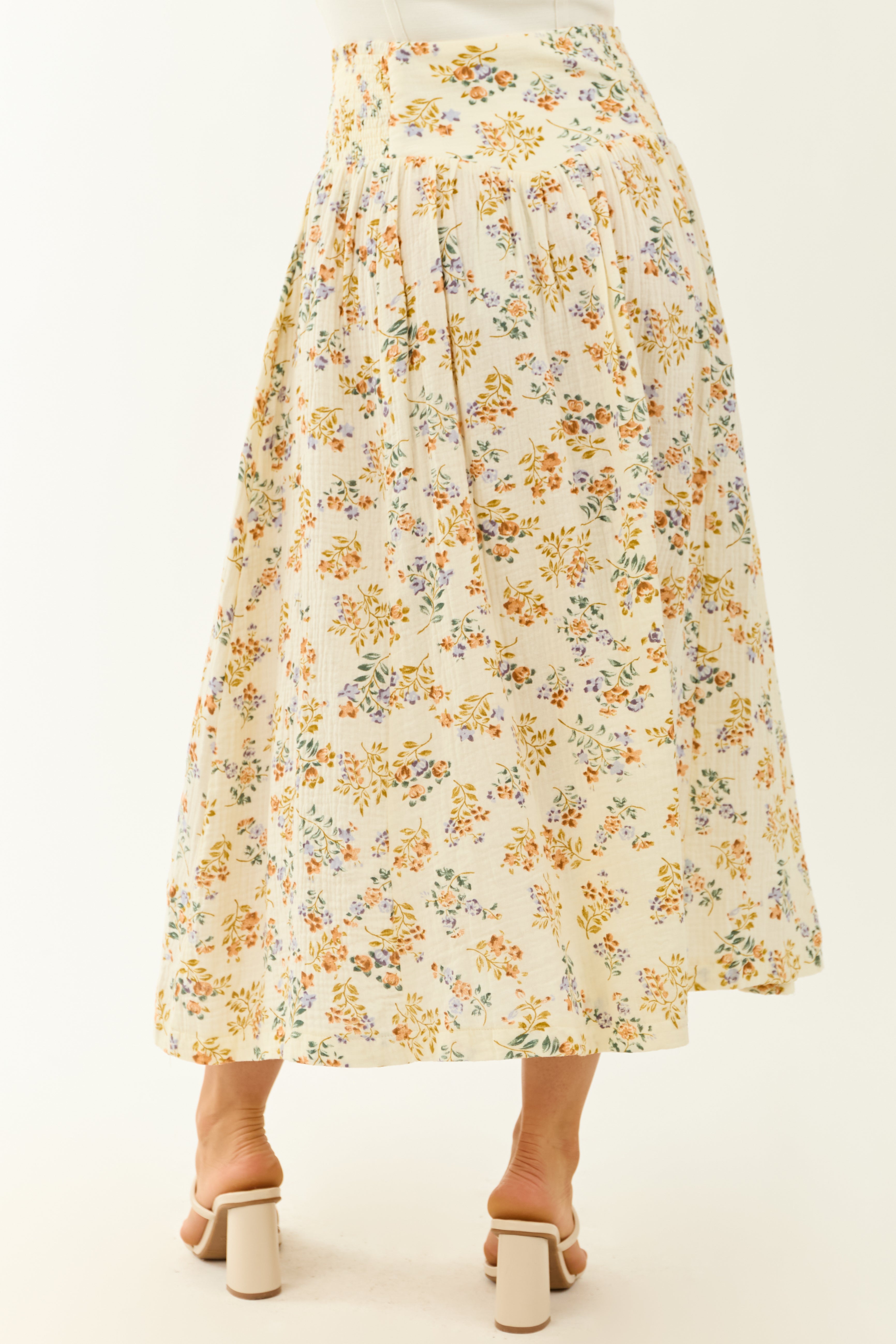 Cream Floral Print Faux Button Down Maxi Skirt