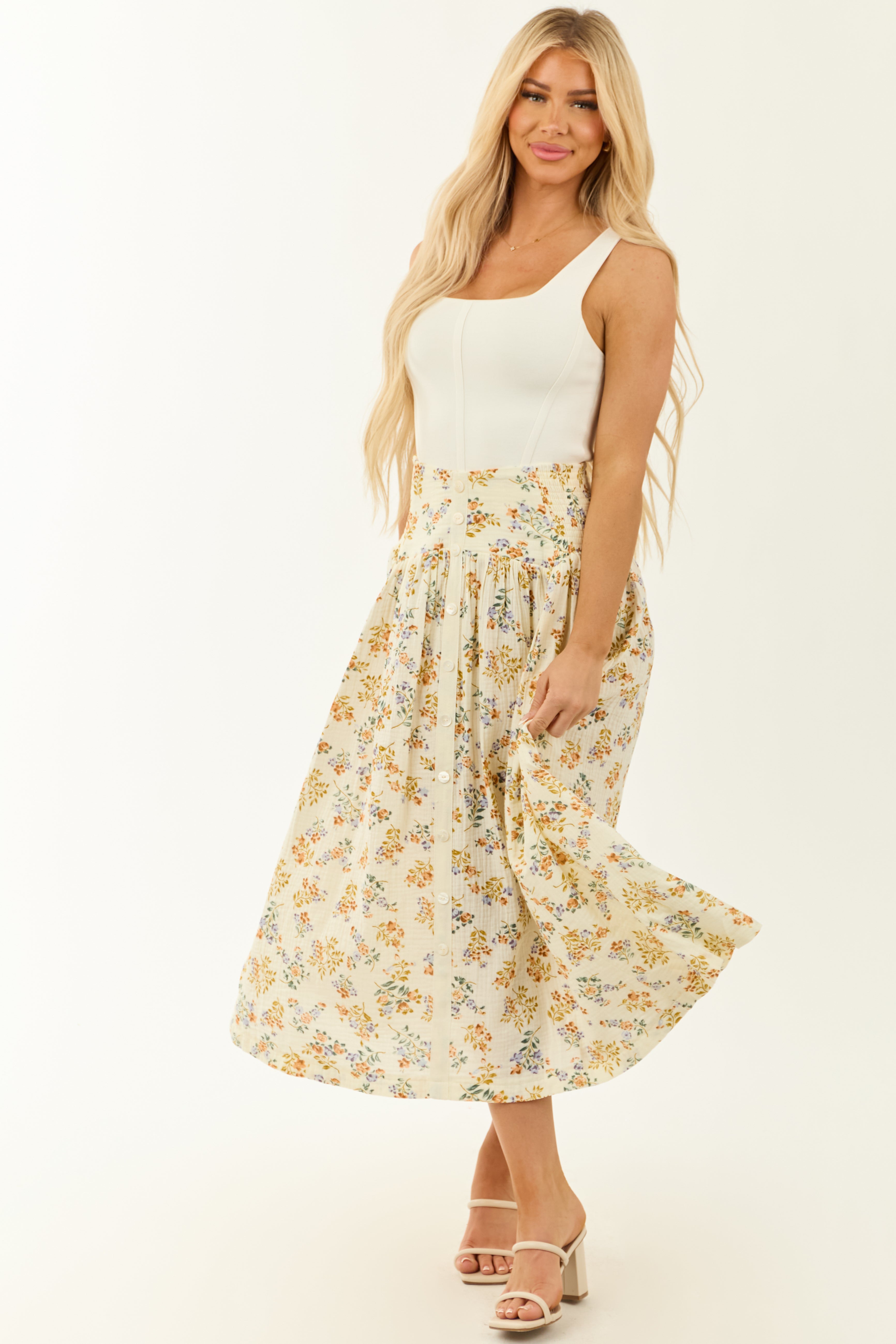 Cream Floral Print Faux Button Down Maxi Skirt
