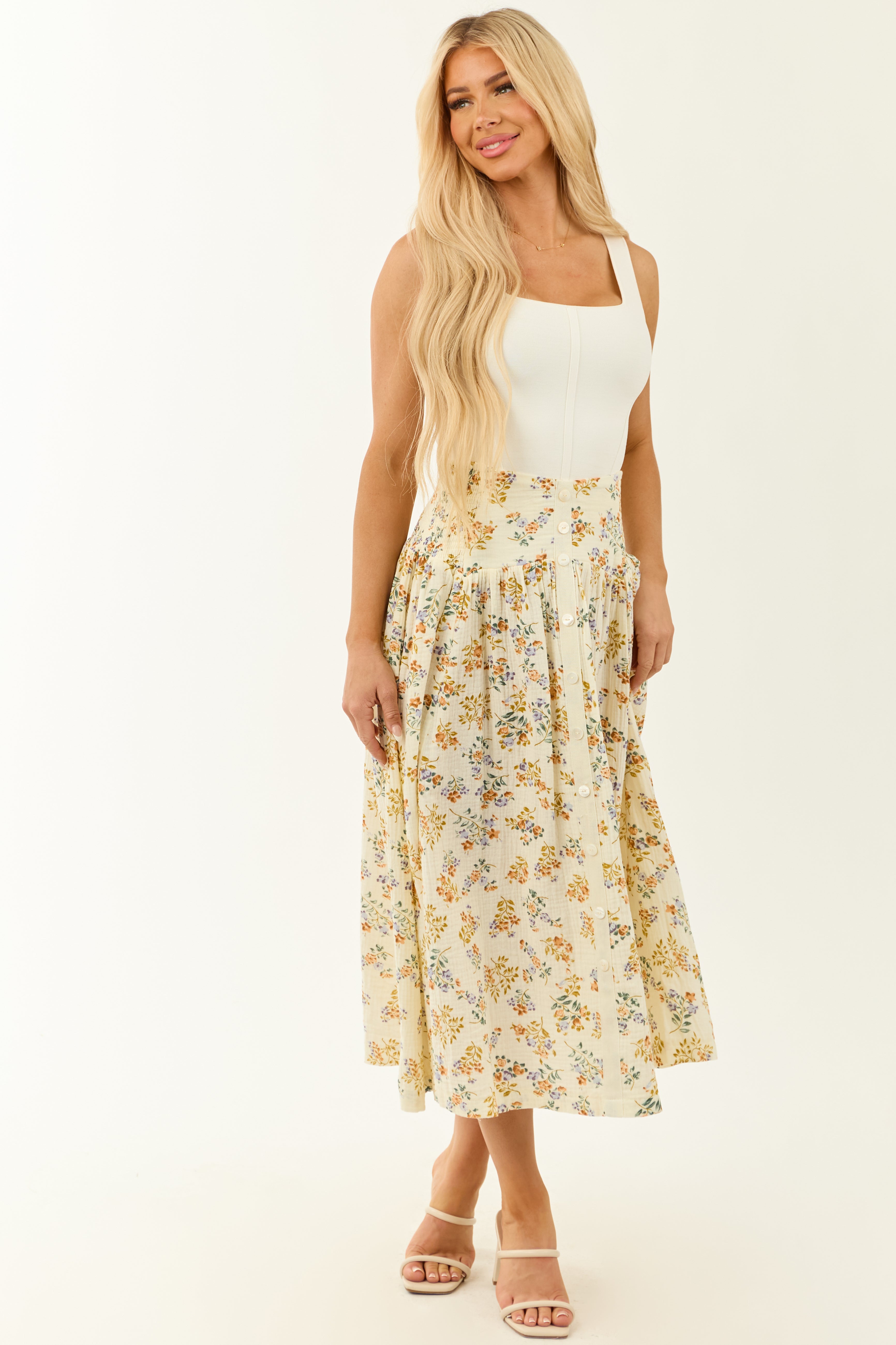 Cream Floral Print Faux Button Down Maxi Skirt