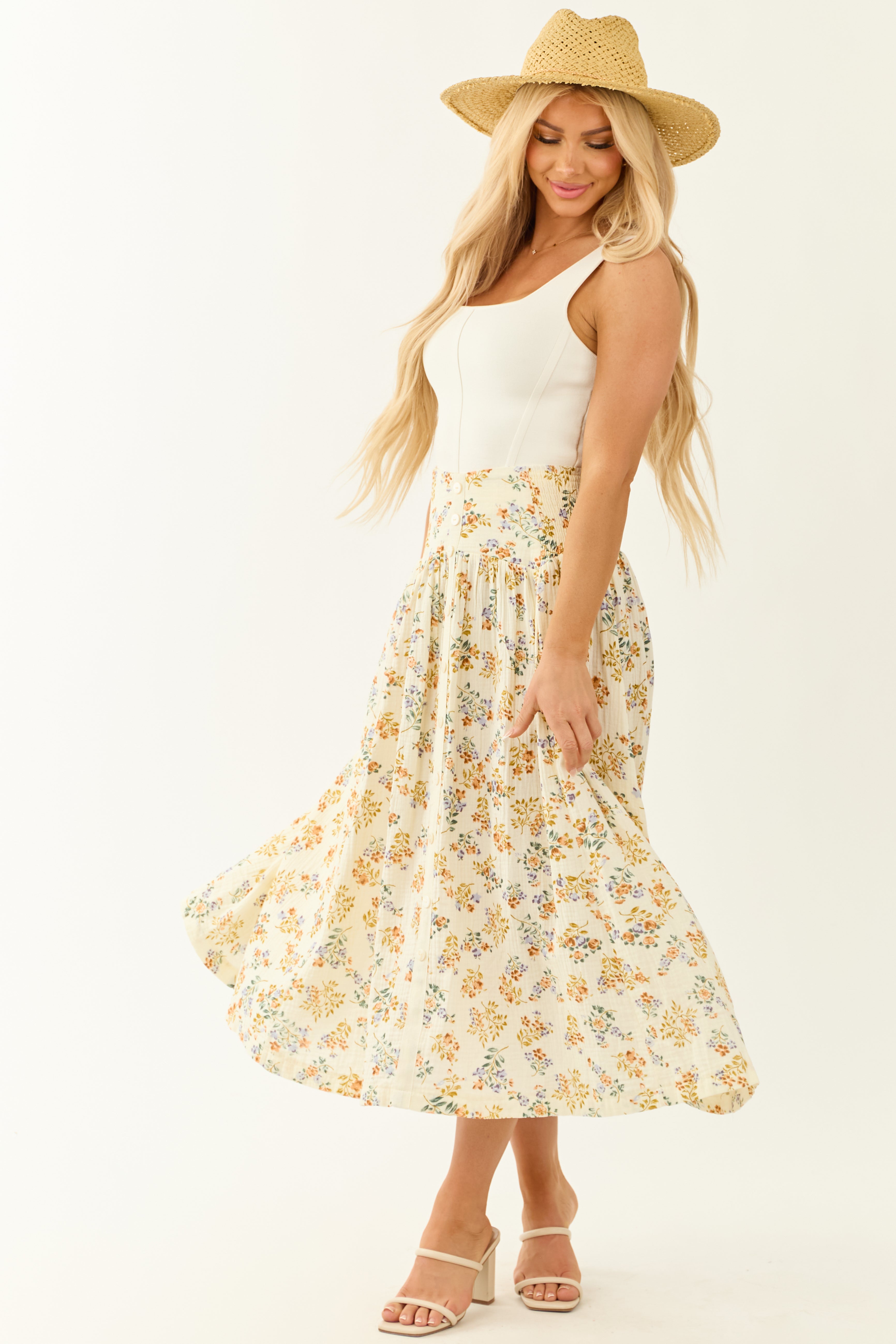 Cream Floral Print Faux Button Down Maxi Skirt
