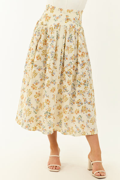 Cream Floral Print Faux Button Down Maxi Skirt