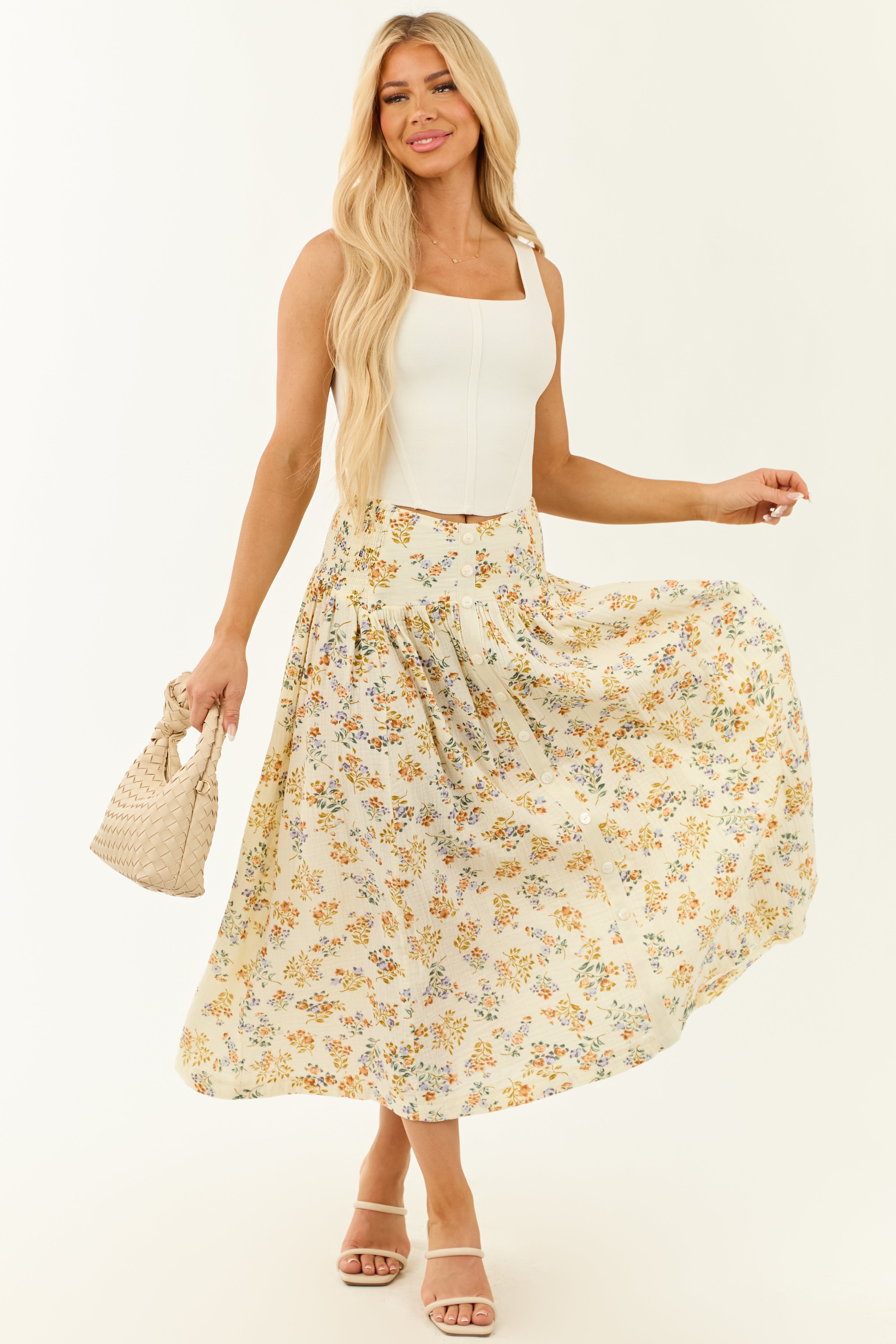 Cream Floral Print Faux Button Down Maxi Skirt