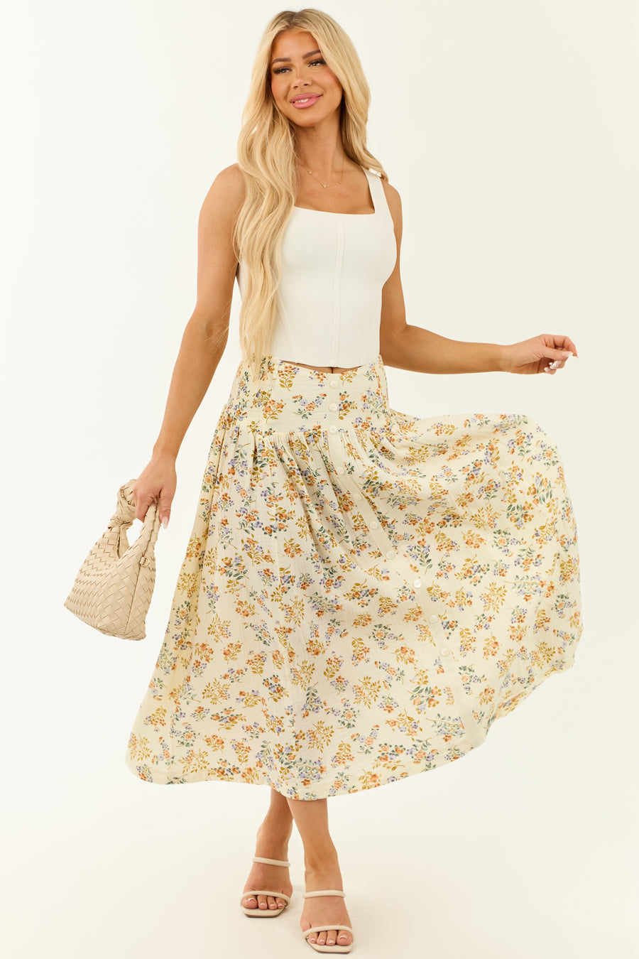 Cream Floral Print Faux Button Down Maxi Skirt