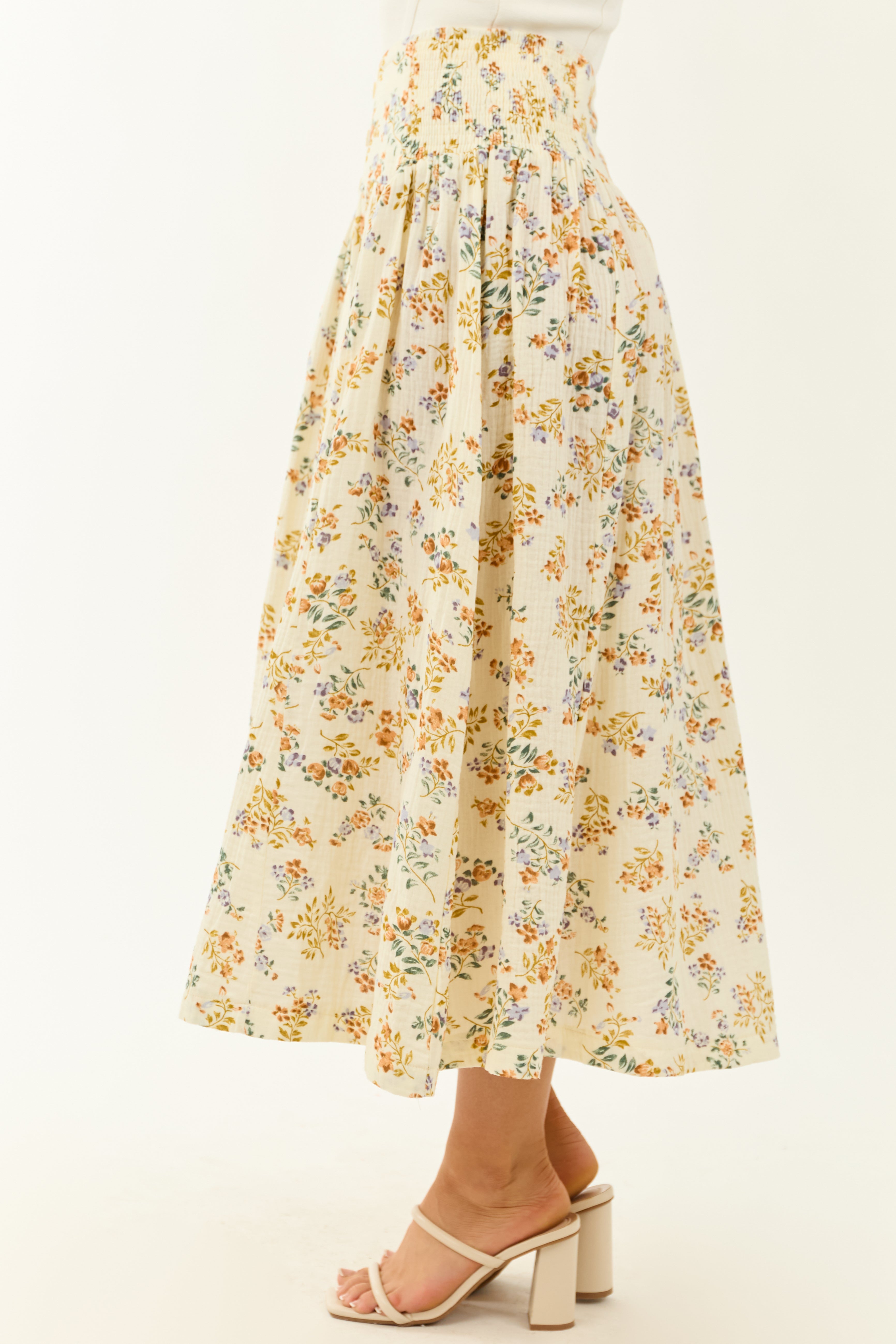 Cream Floral Print Faux Button Down Maxi Skirt