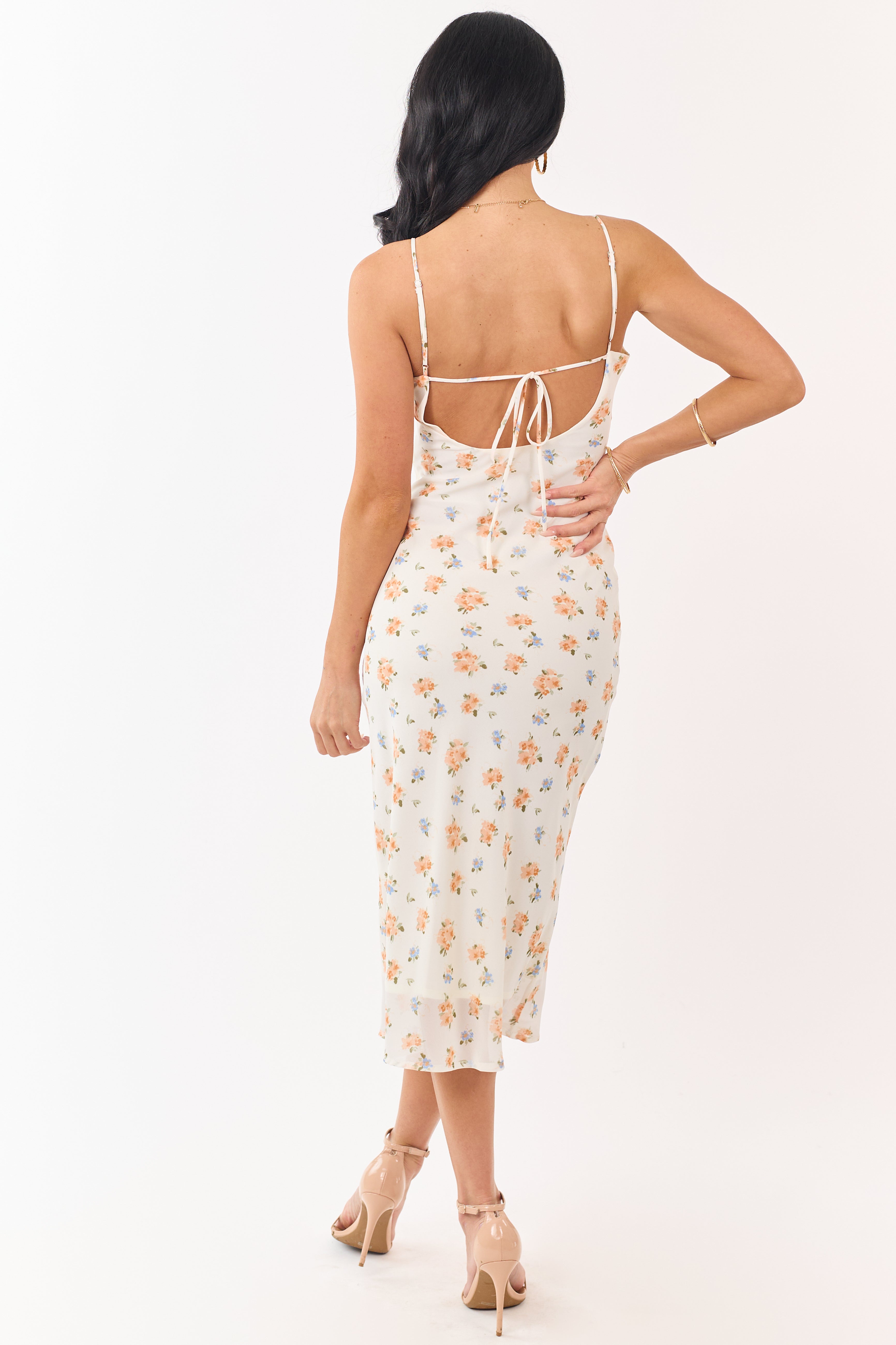 Cream Floral Print Frill Detail Chiffon Midi Dress