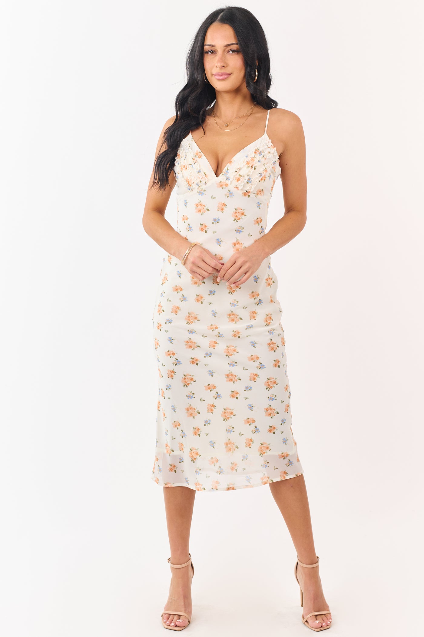 Cream Floral Print Frill Detail Chiffon Midi Dress