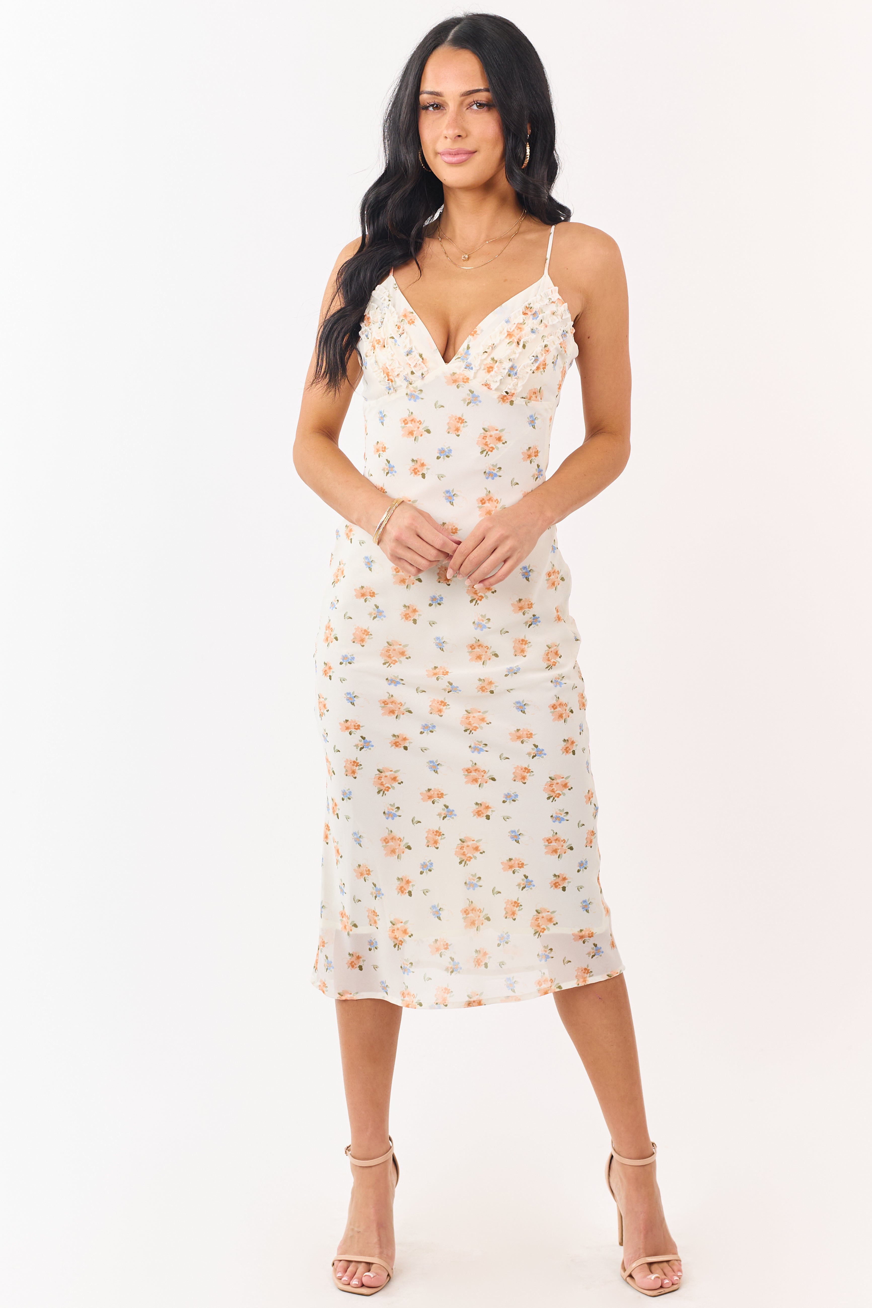 Cream Floral Print Frill Detail Chiffon Midi Dress