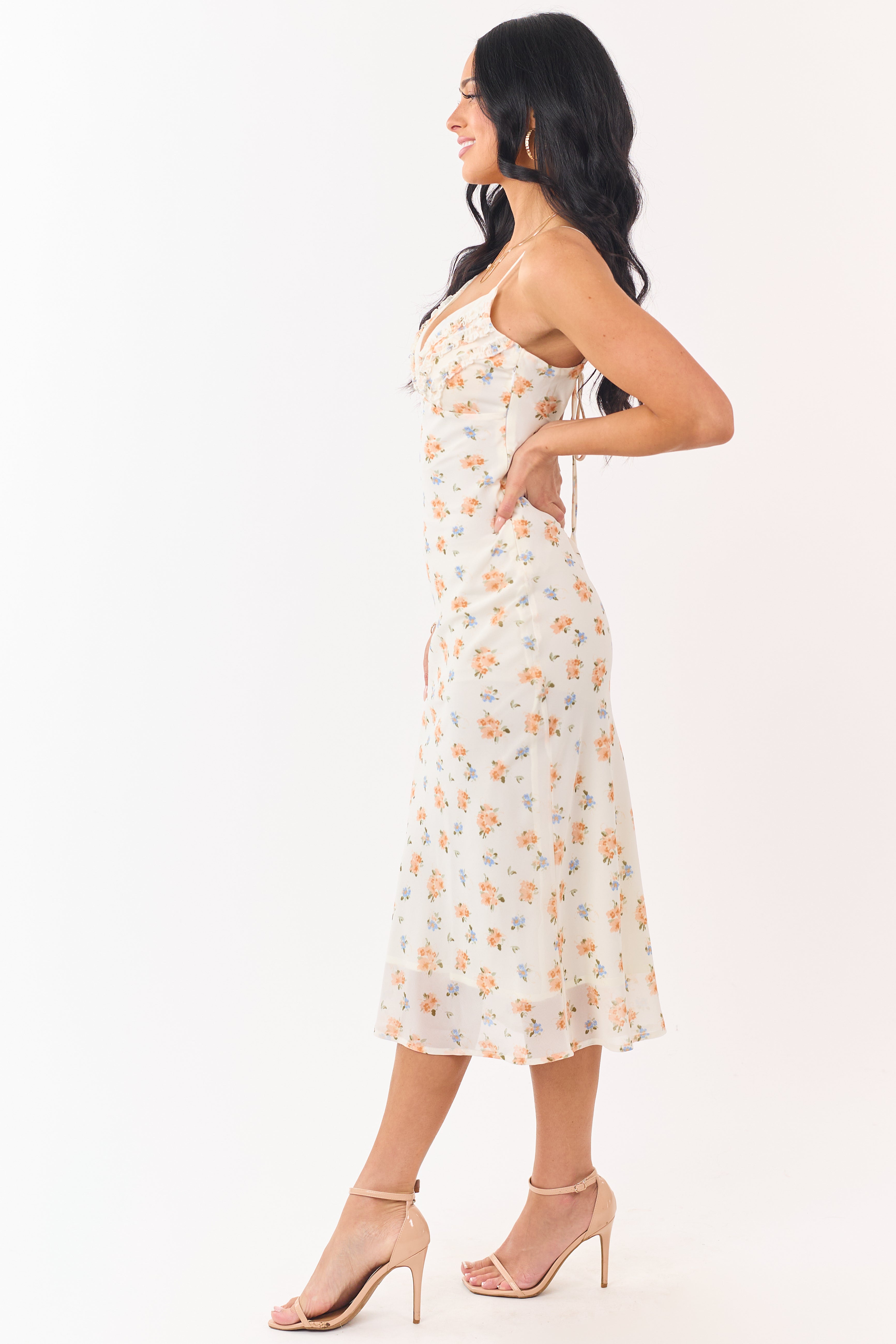 Cream Floral Print Frill Detail Chiffon Midi Dress