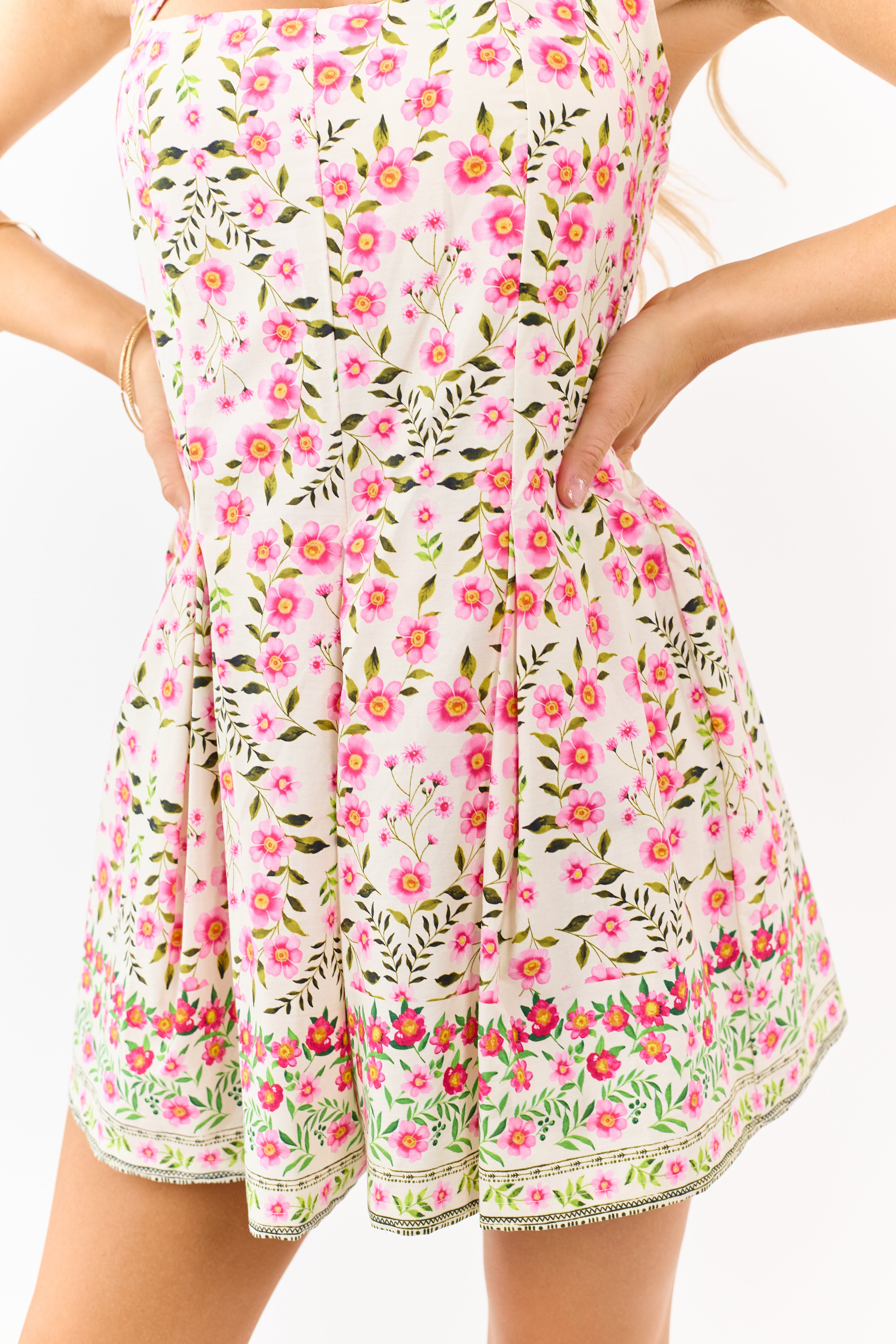 Cream Floral Print Halter Neck Cotton Romper
