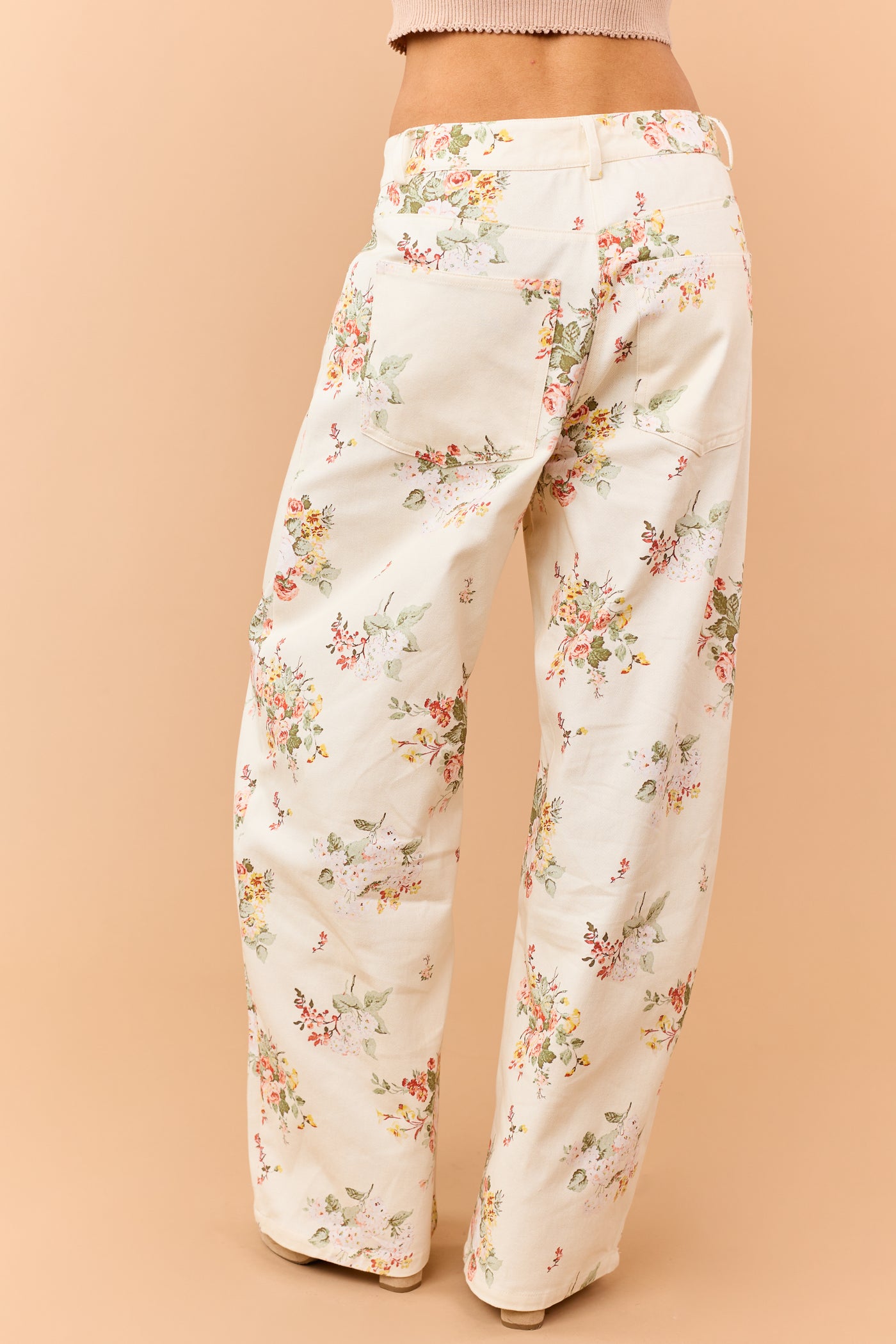 Cream Floral Print High Rise Wide Leg Jeans
