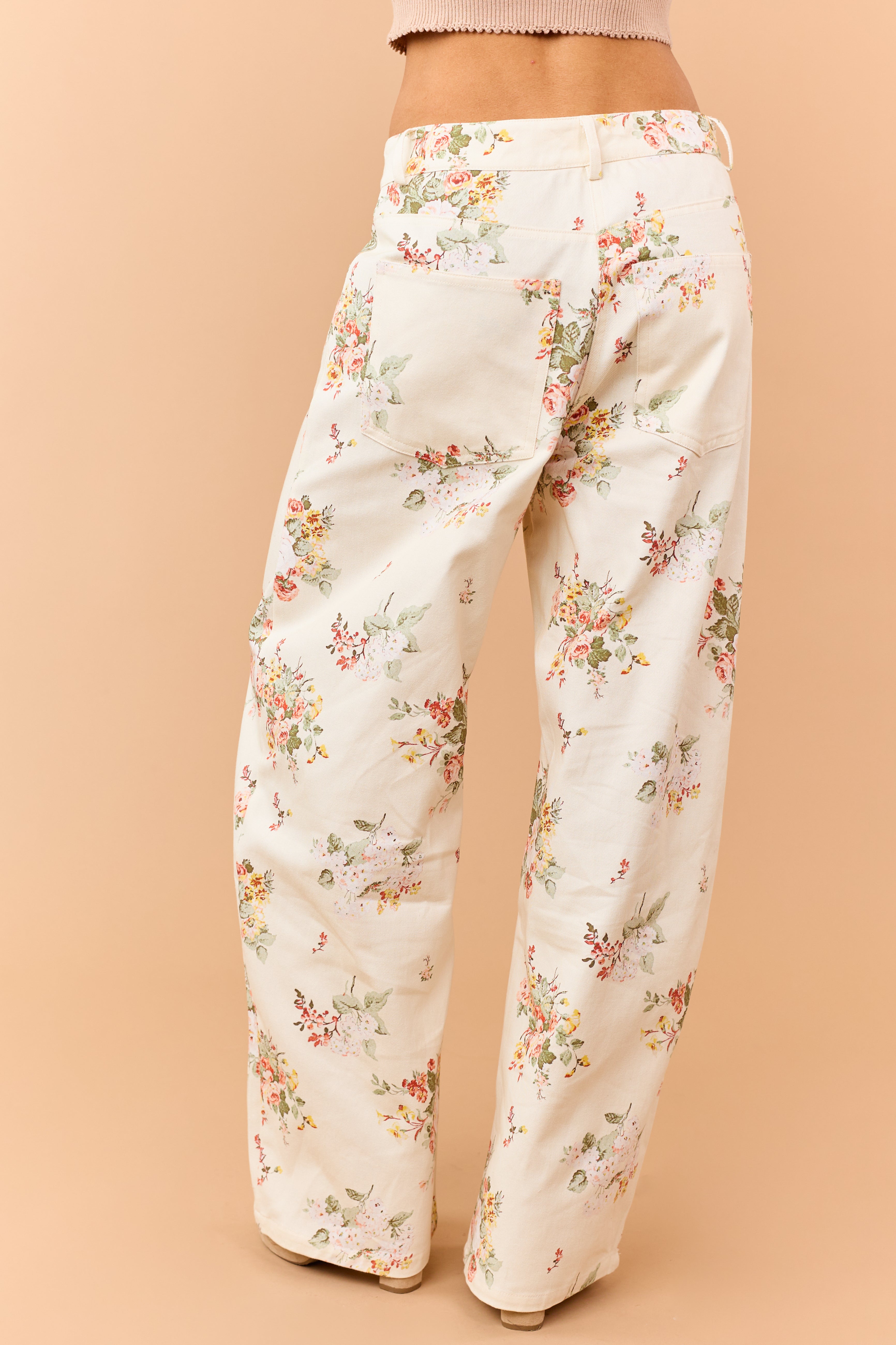 Cream Floral Print High Rise Wide Leg Jeans