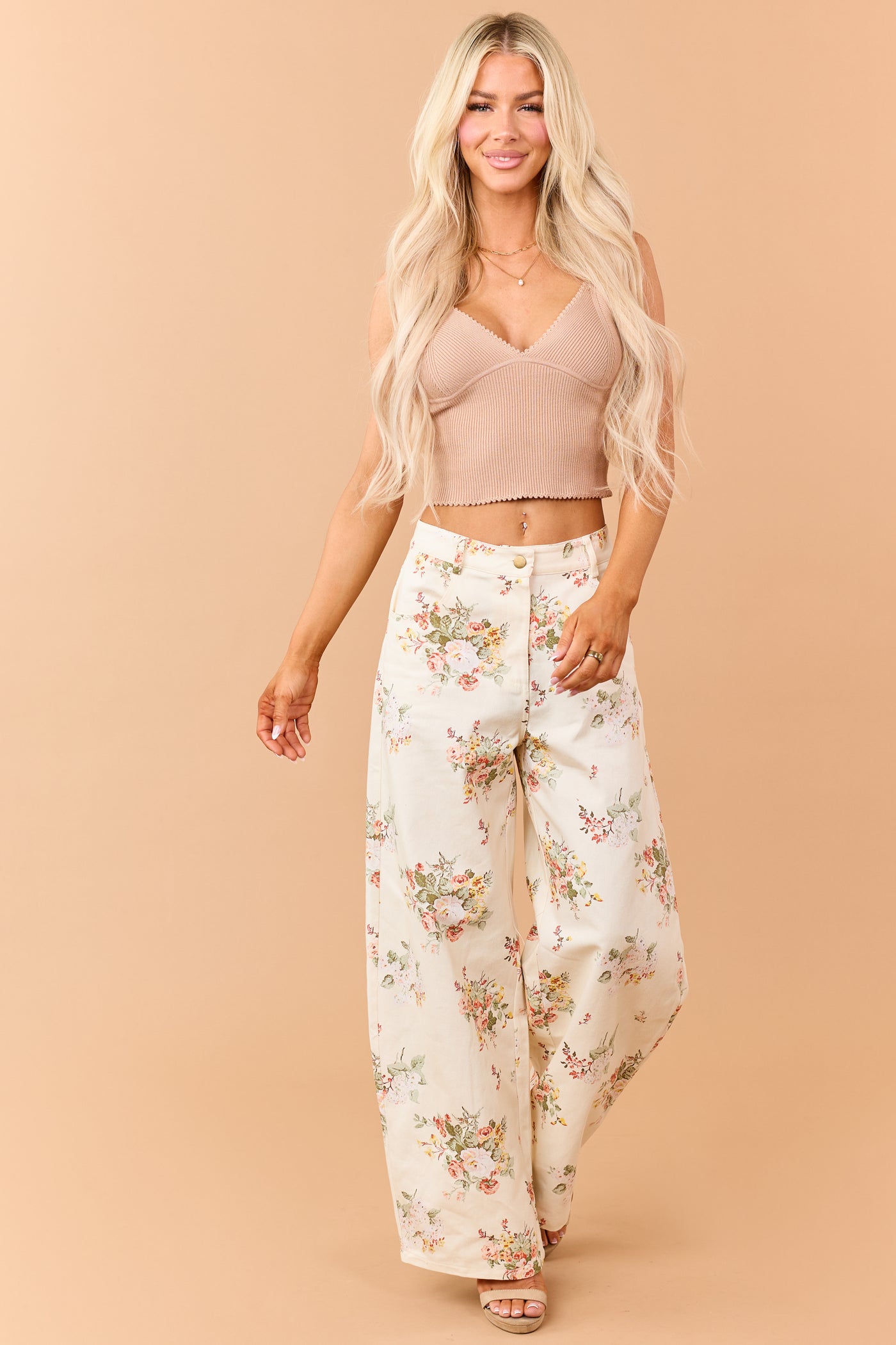 Cream Floral Print High Rise Wide Leg Jeans