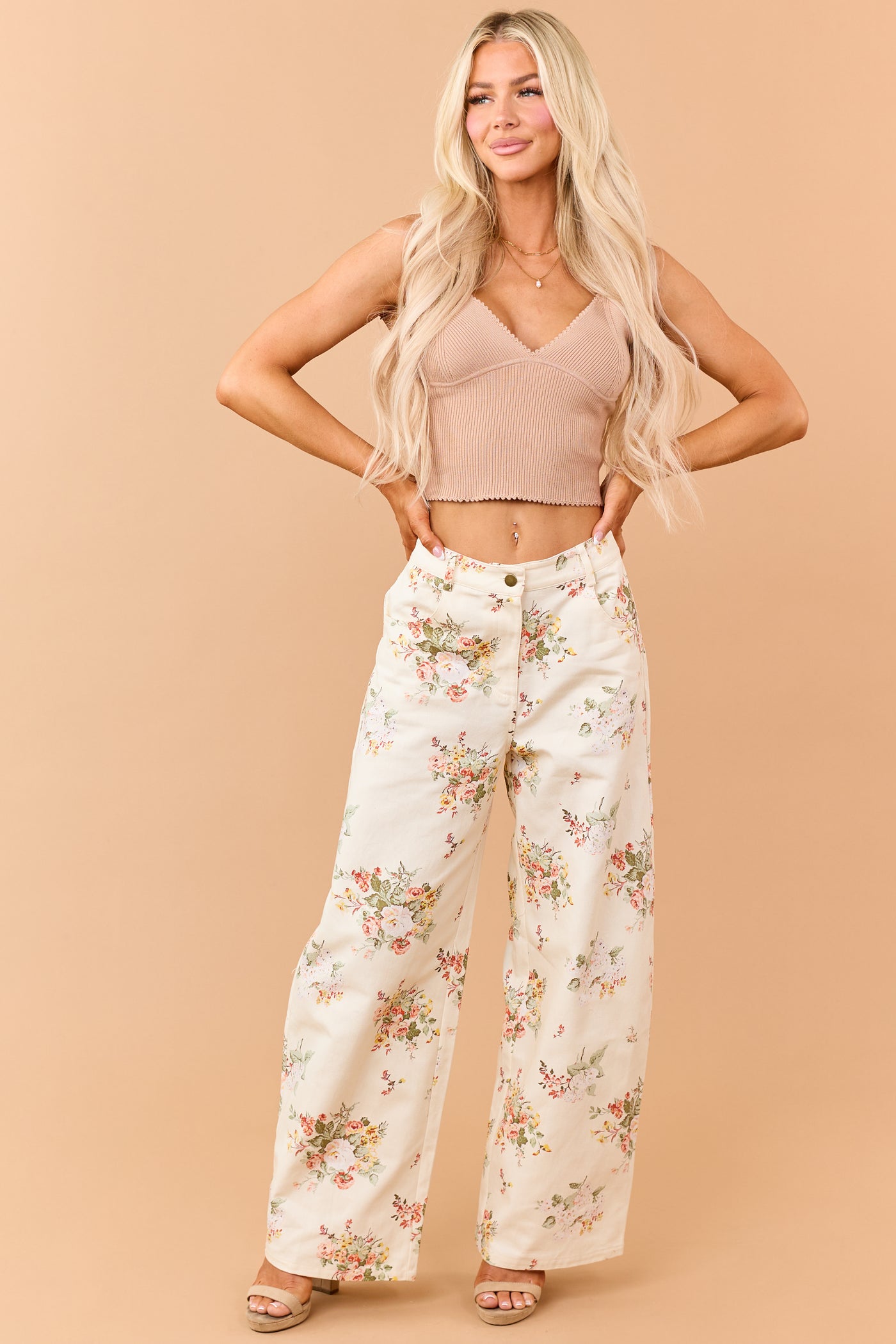 Cream Floral Print High Rise Wide Leg Jeans