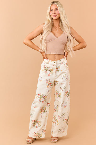 Cream Floral Print High Rise Wide Leg Jeans