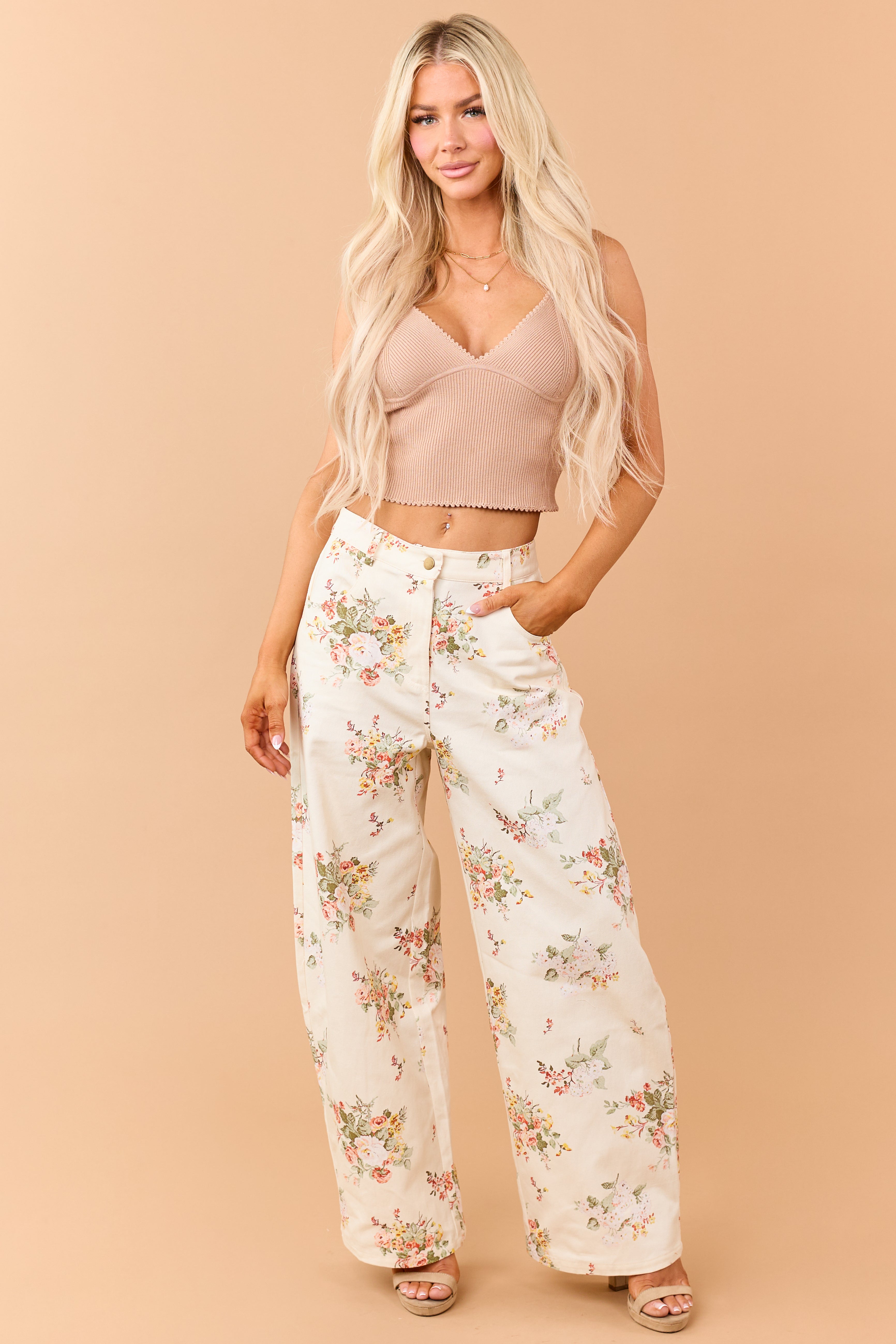 Cream Floral Print High Rise Wide Leg Jeans