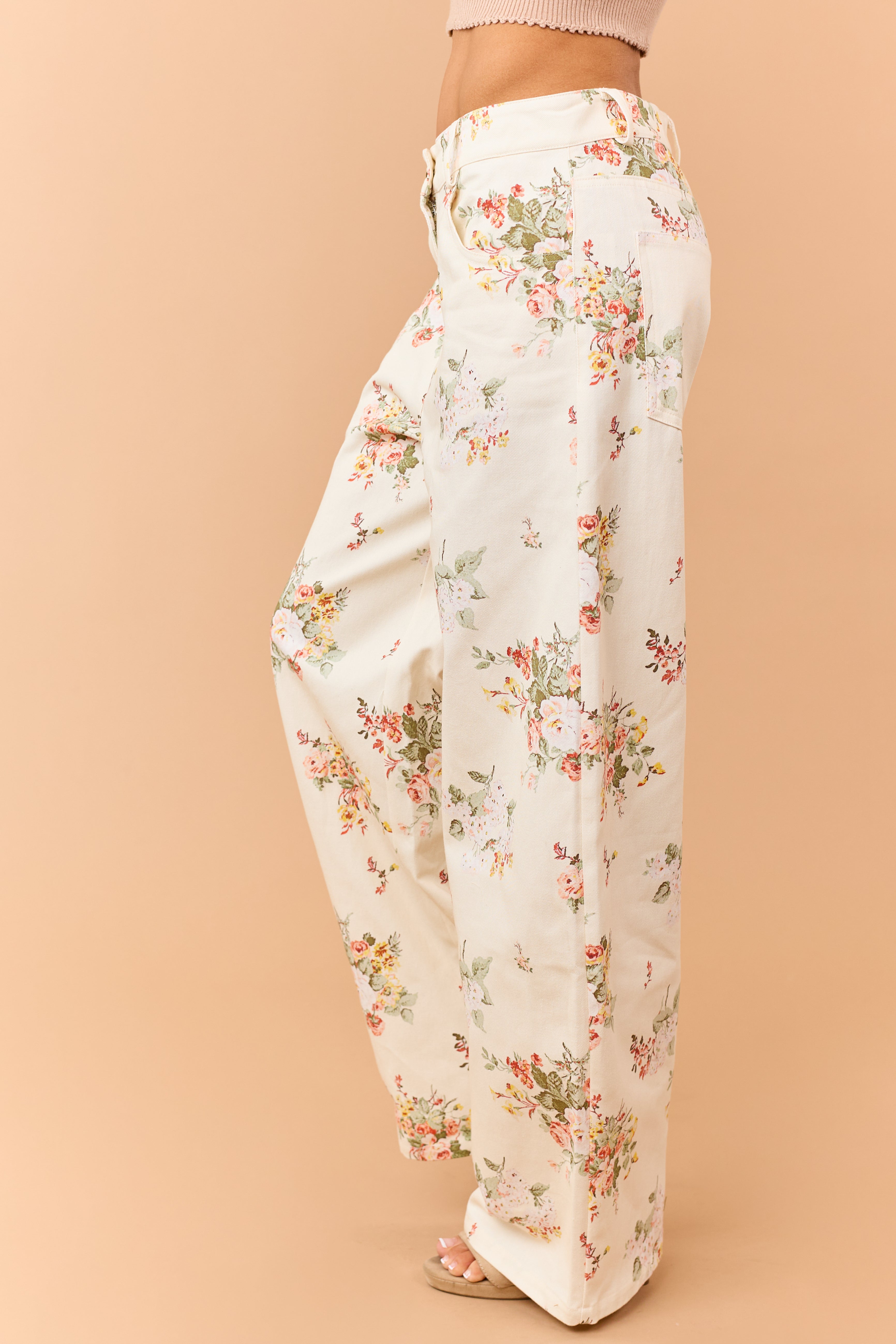 Cream Floral Print High Rise Wide Leg Jeans
