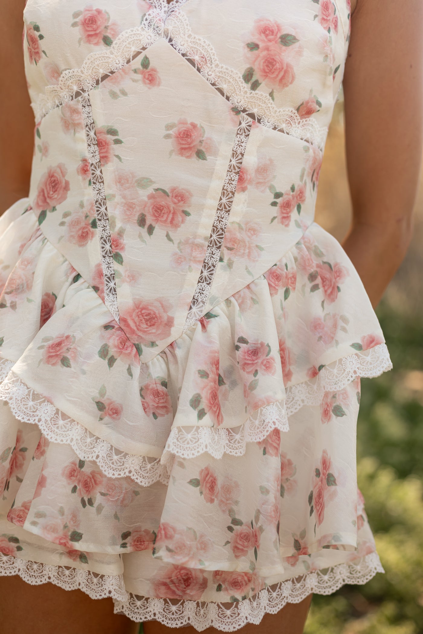 Cream Floral Print Lace Sleeveless Ruffle Romper