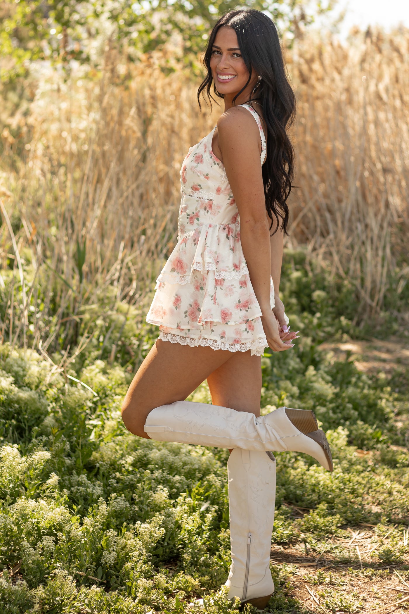 Cream Floral Print Lace Sleeveless Ruffle Romper