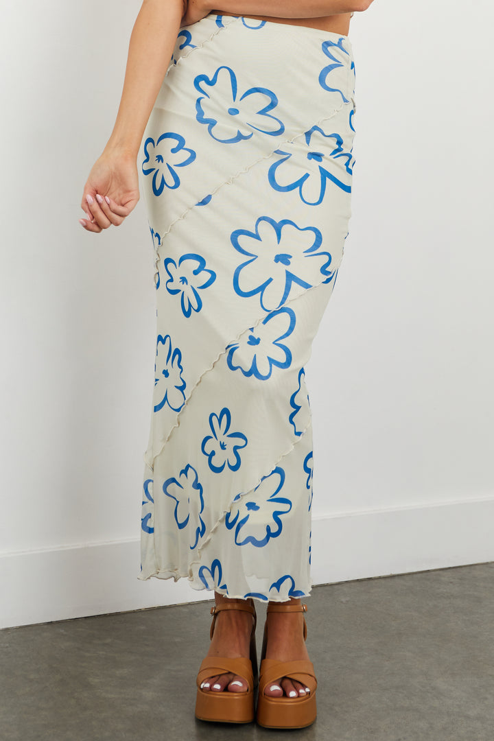 Cream Floral Print Mesh Maxi Skirt