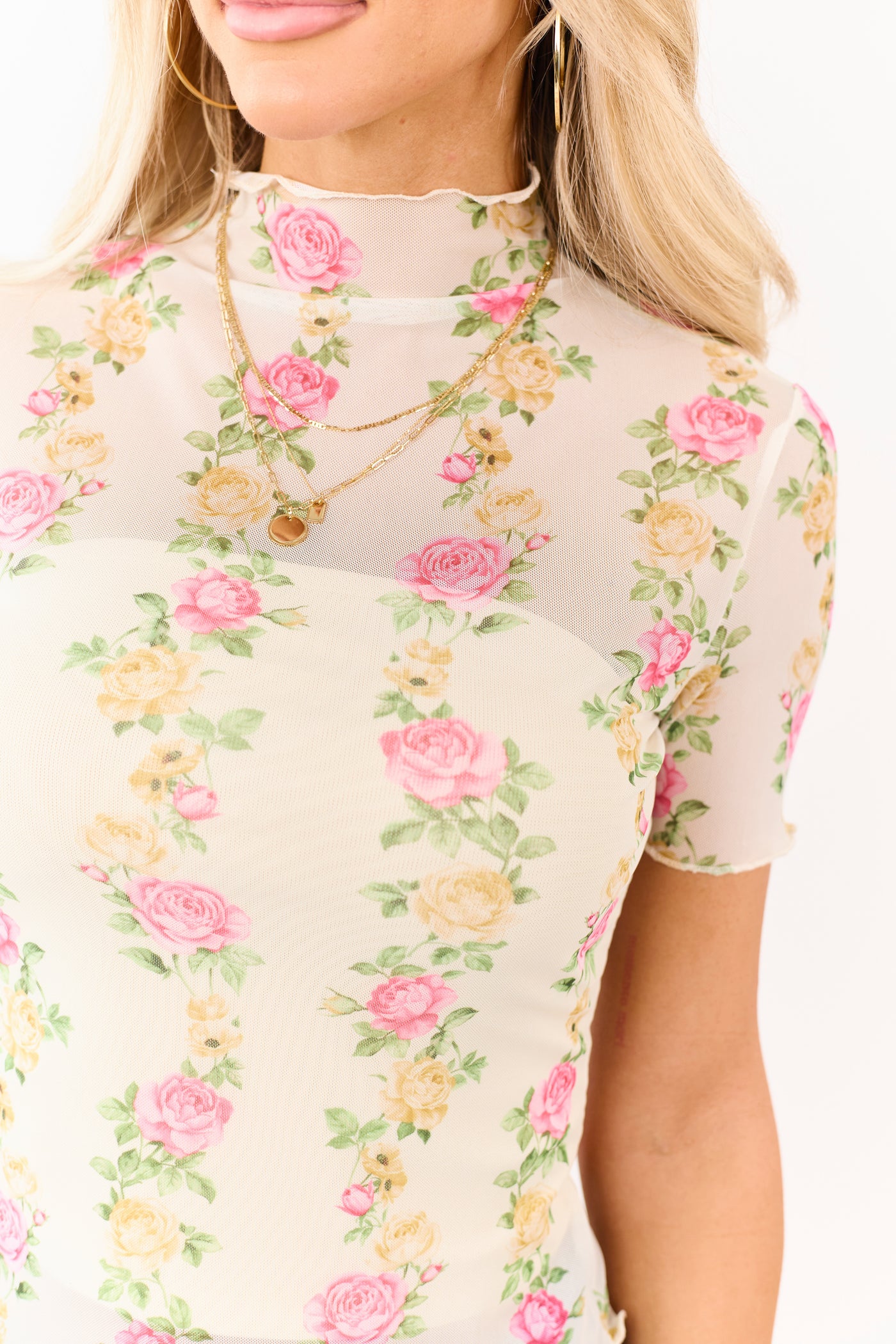 Cream Floral Print Mock Neck Short Sleeve Mesh Top