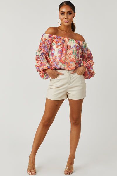 Cream Floral Print Off Shoulder Woven Top
