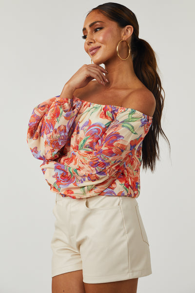 Cream Floral Print Off Shoulder Woven Top
